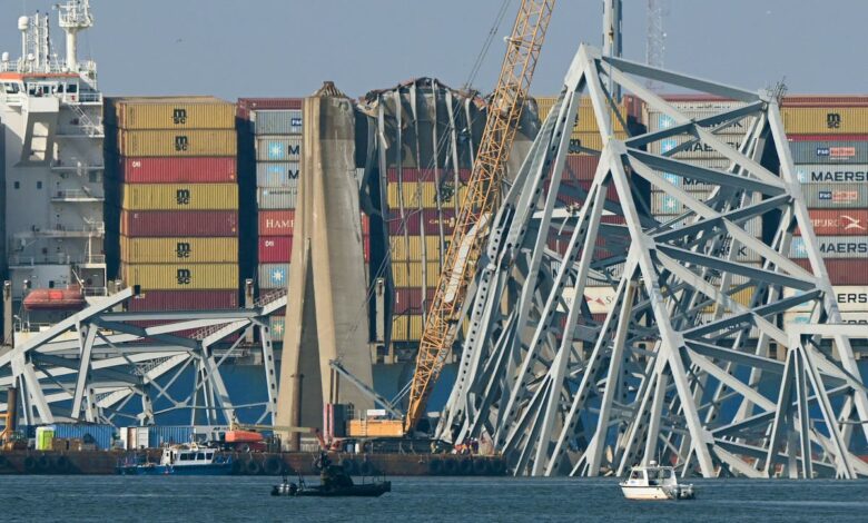 Watch: View of Baltimore bridge wreckage as massive crane arrives for clean-up