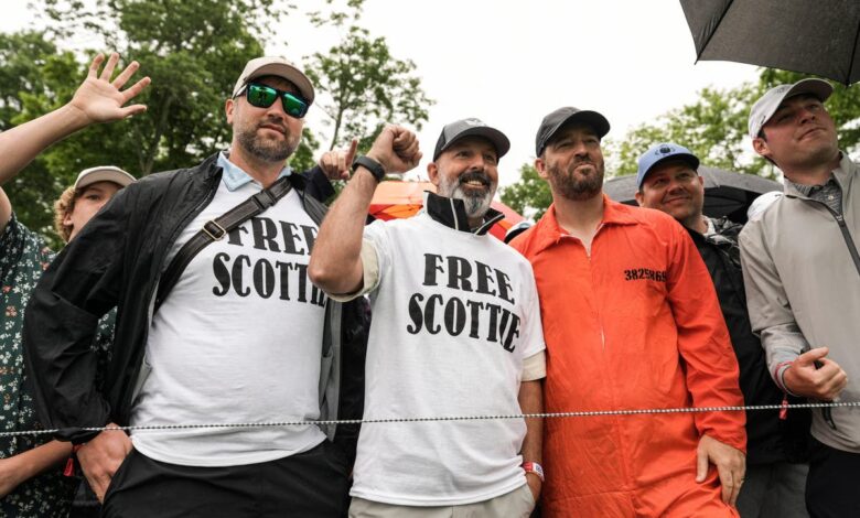 ‘Free Scottie!’ Scheffler superfans show support at PGA tournament after golf No 1’s arrest