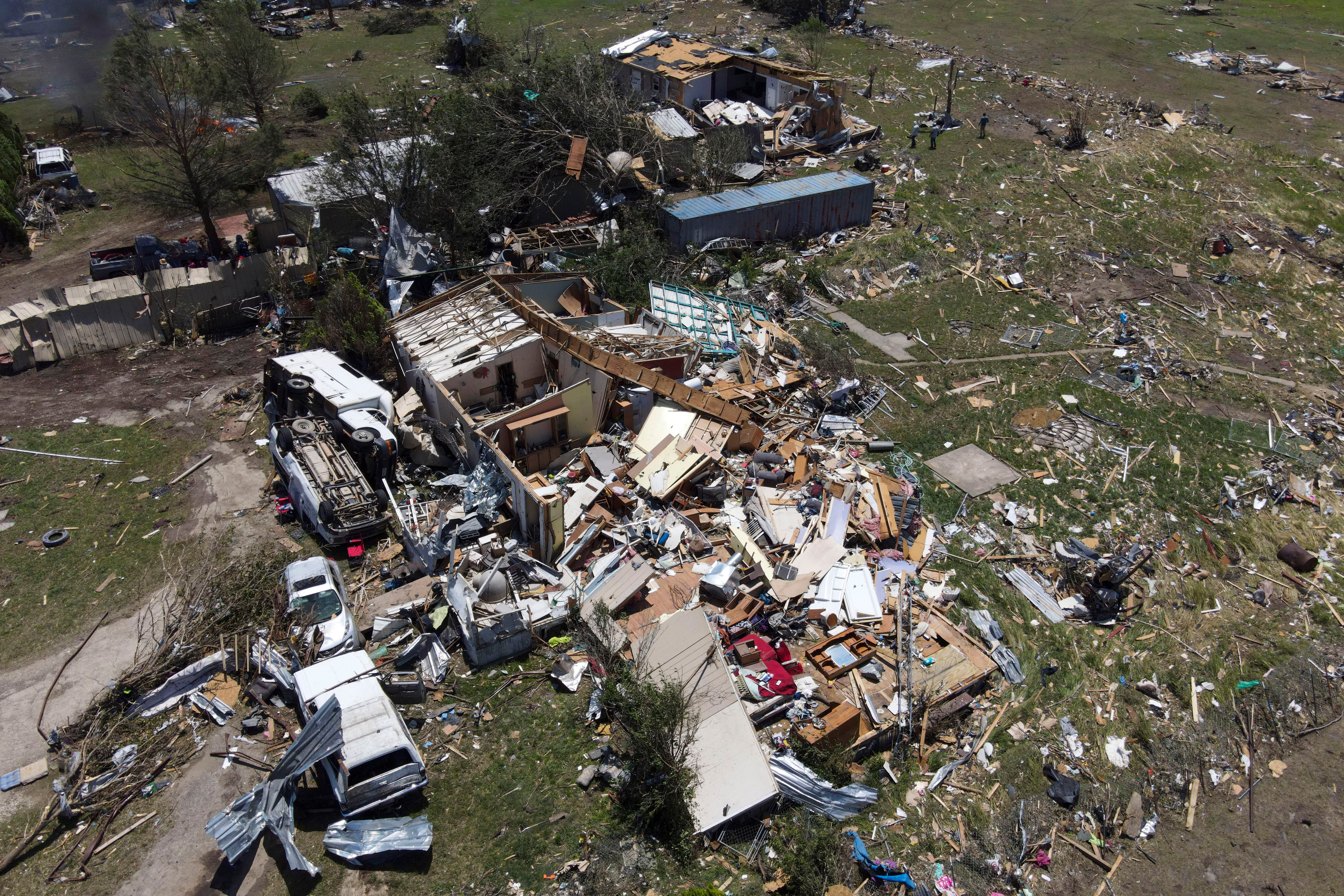 Destroyed homes are seen after a deadly tornado rolled through the previous night, Sunday, May 26, 2024, in Valley View, Texas