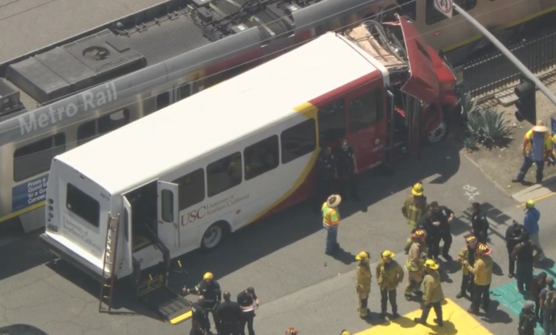 55 injured in bus collision with train in Los Angeles near USC