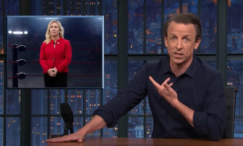 Seth Meyers mocks Marjorie Taylor Greene over Trump’s ‘backhanded compliment’