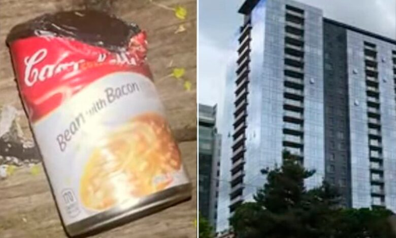 Canned food is raining down from a Portland highrise…and nobody knows who is behind it