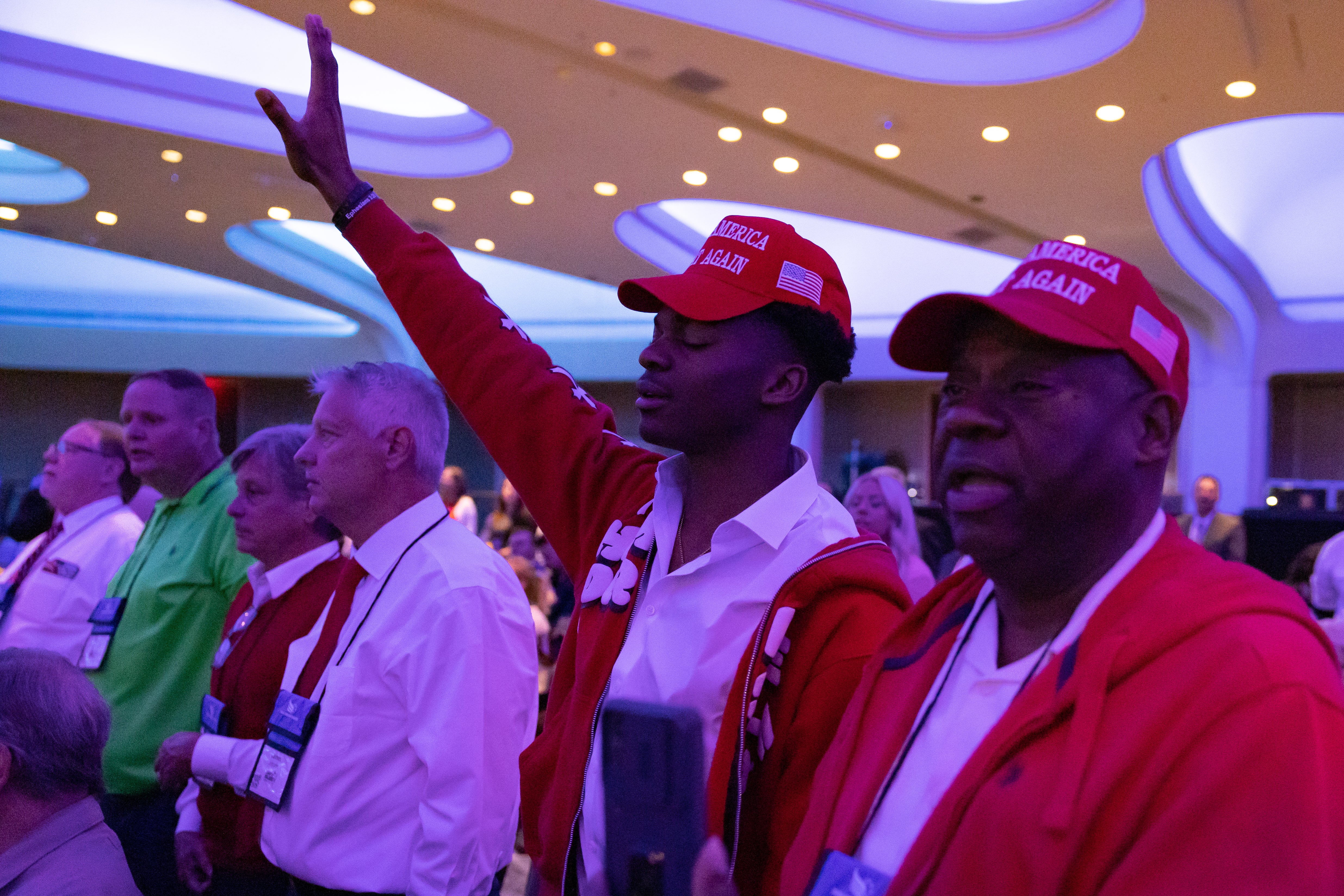 Attendees pray at the Faith and Freedom Coalition ‘Road to Majority’ conference in Washington, DC on June 22, 2024