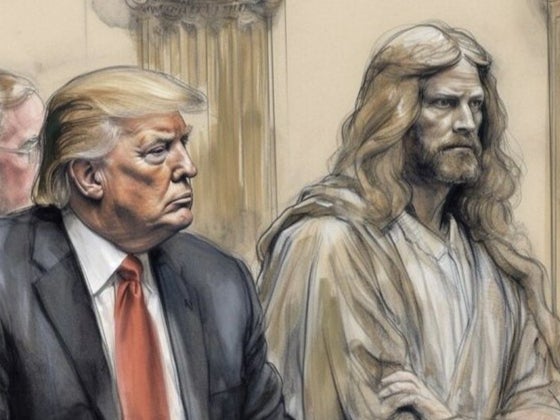 The AI image Donald Trump posted of a mock court sketch, in which Jesus Christ sits alongside him