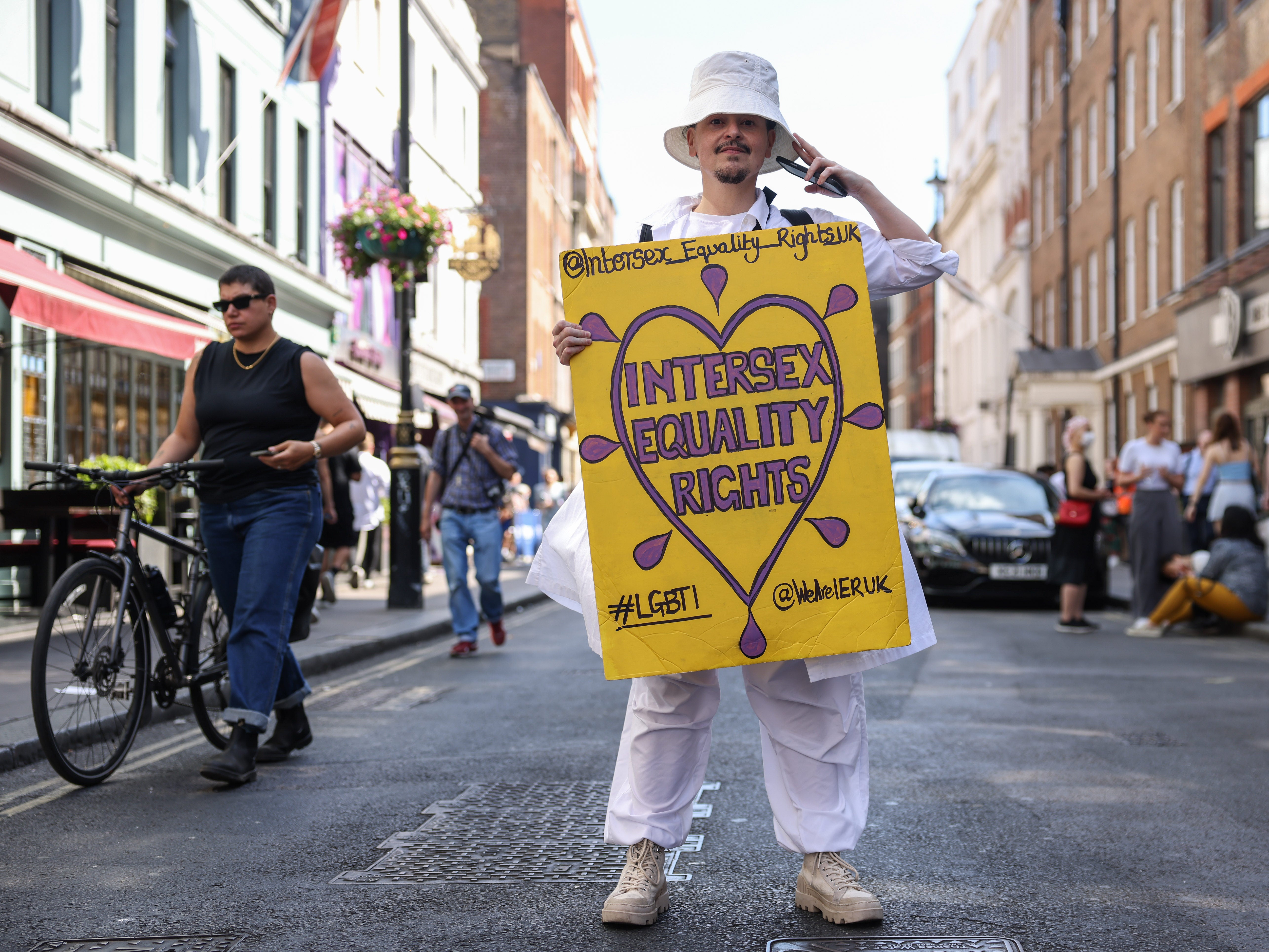 Intersex campaigner Valentino Vecchietti at the London Trans Pride protester in July 2022, England, UK