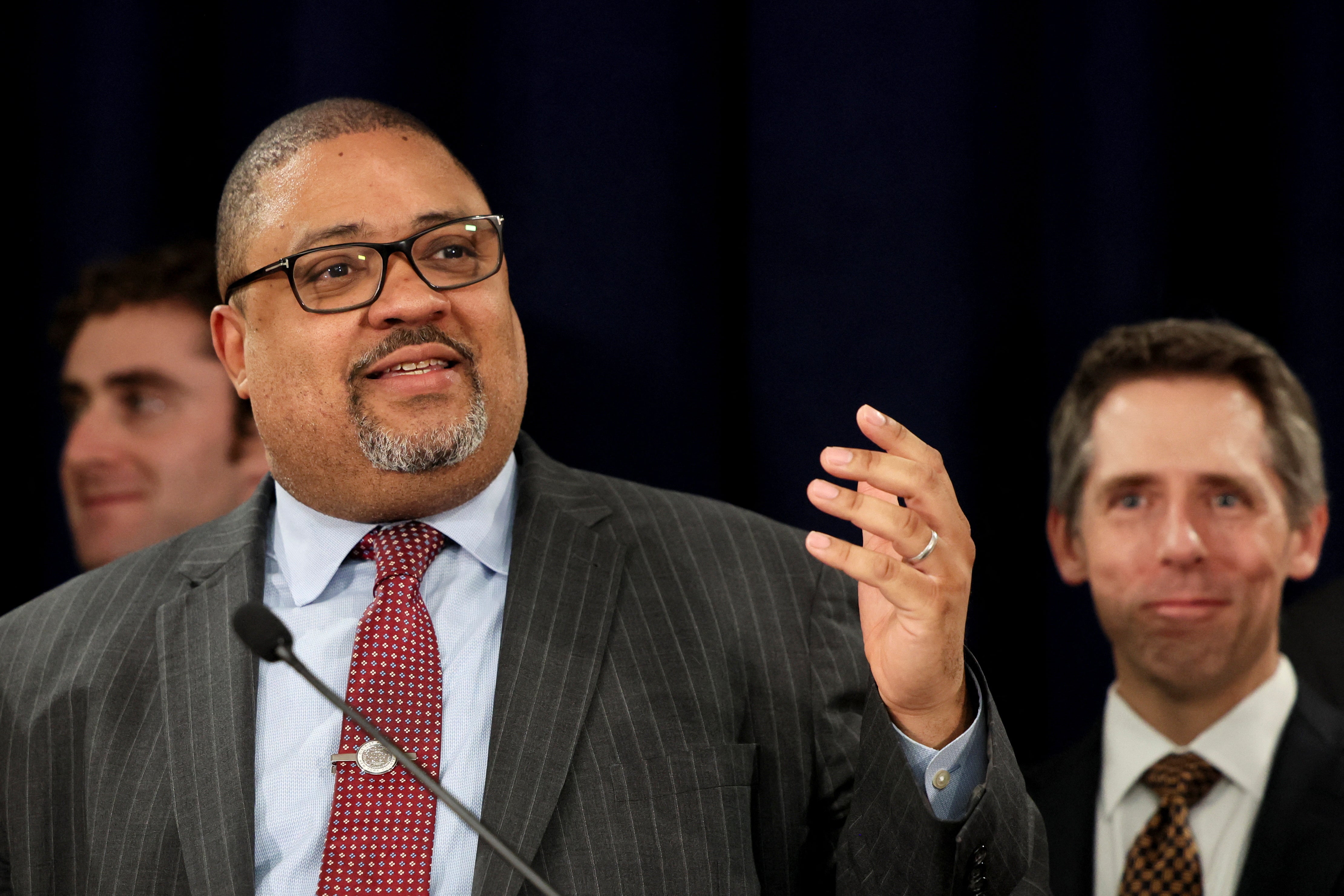 Alvin Bragg and Matthew Colangelo, right, speak to reporters in Manhattan on May 30. They are set to testify to Congress a day after Donald Trump is sentenced in his New York hush money case.