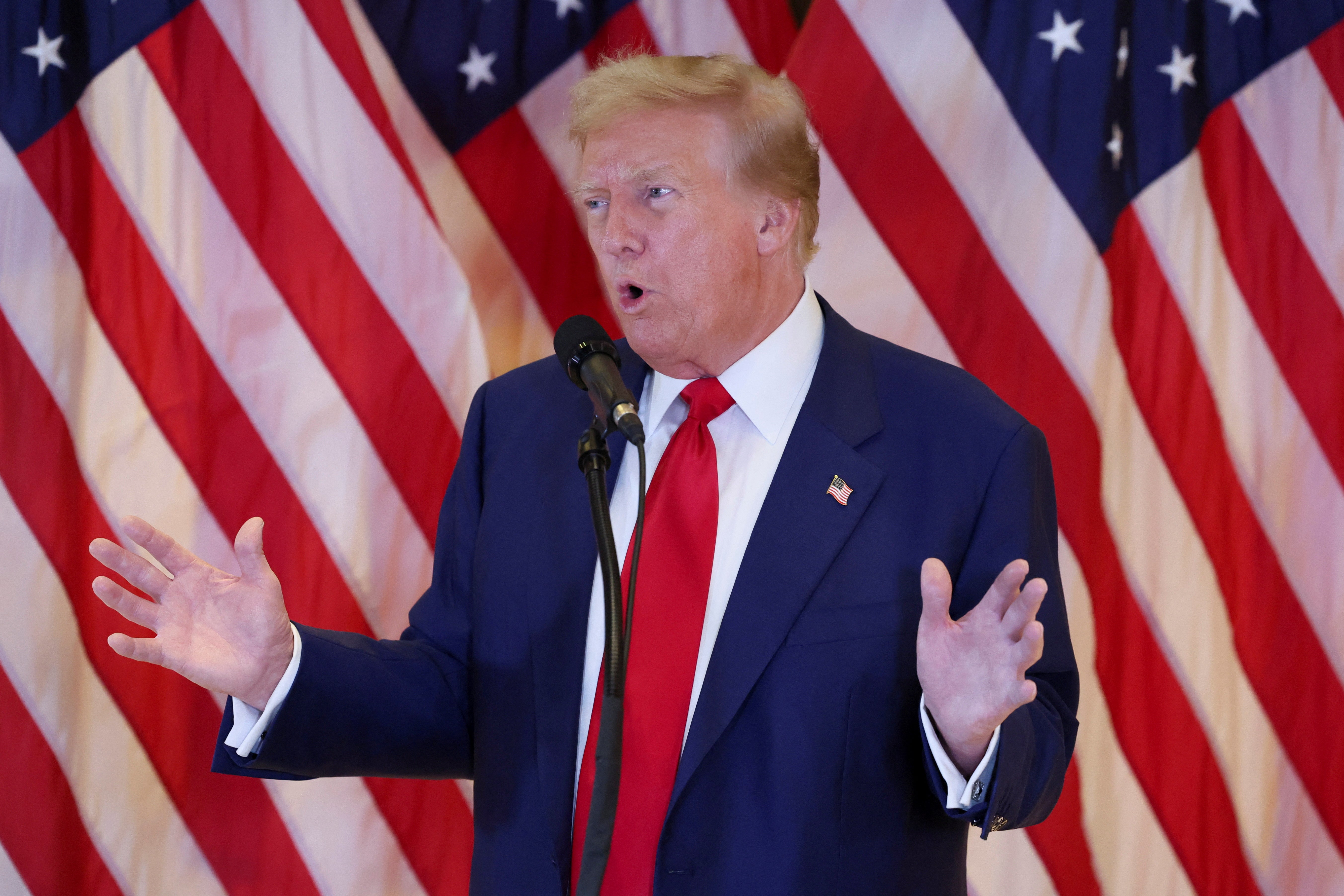 Republican presidential candidate and former U.S. President Donald Trump speaks during a press conference, the day after a guilty verdict in his criminal trial