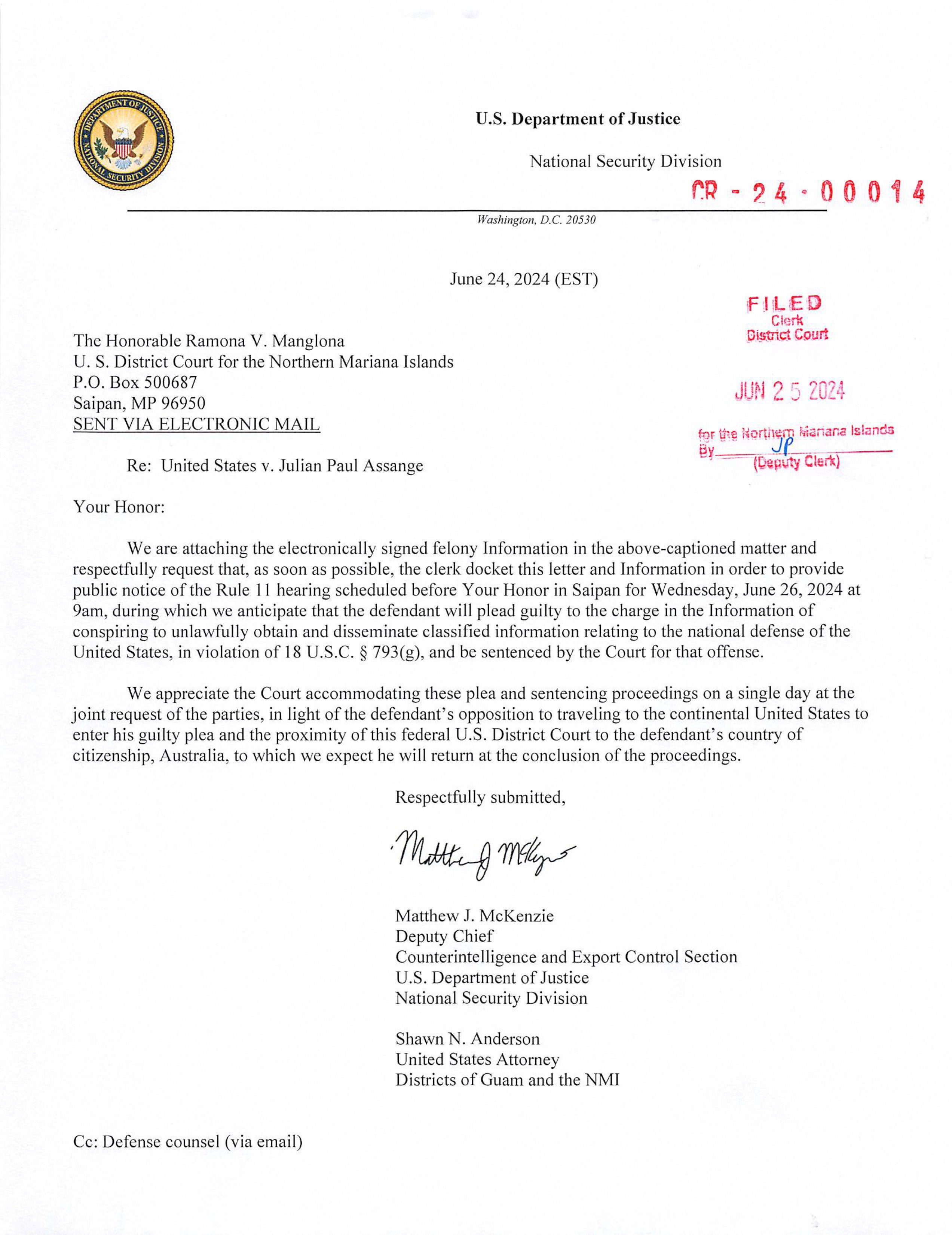 A filing from the US Department of Justice to the US District Court for the Northern Mariana Islands describes a plea deal involving WikiLeaks founder Julian Assange