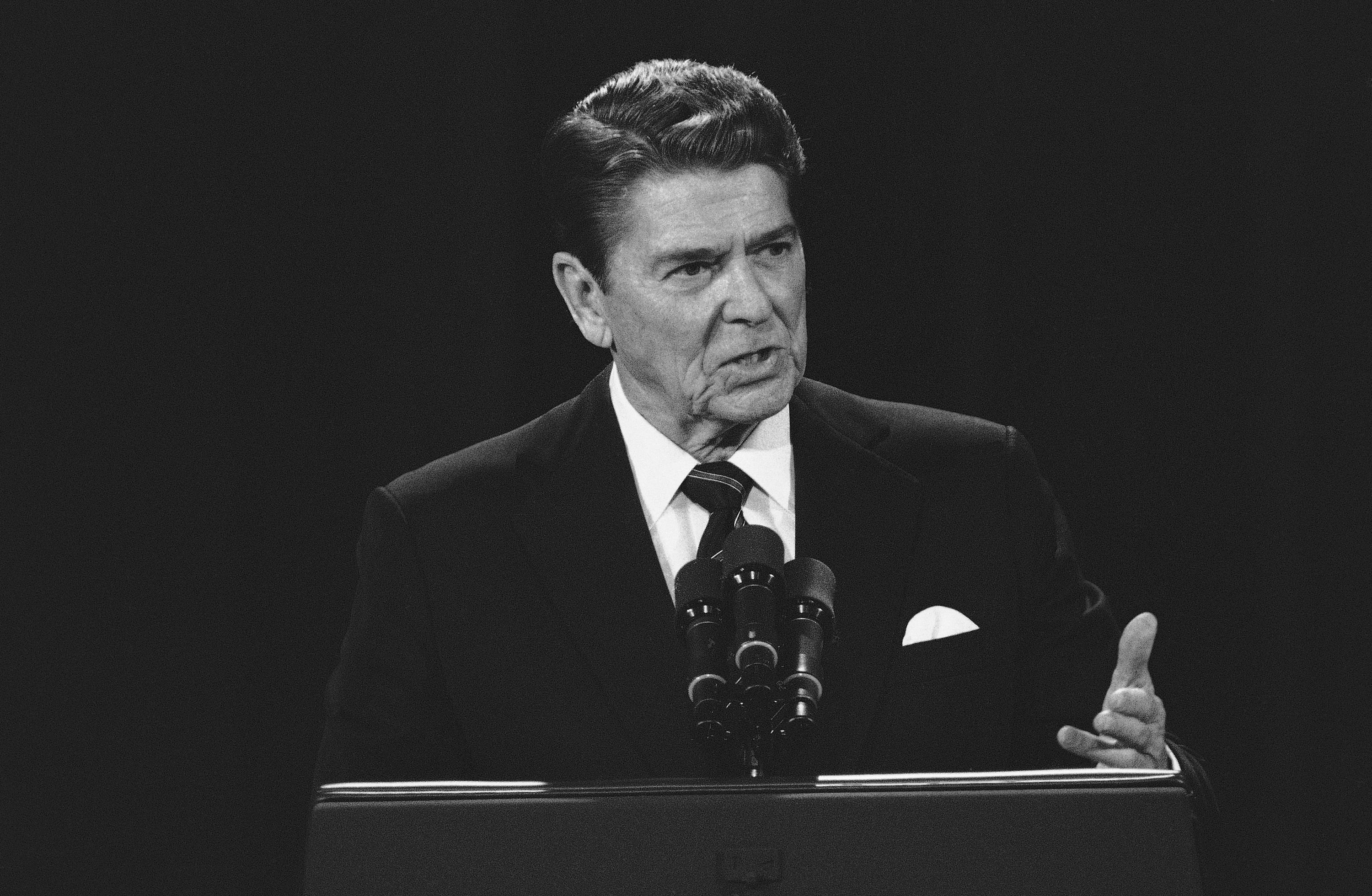Reagan makes a joke about his age during a debate with against Mondale on October 8, 1984