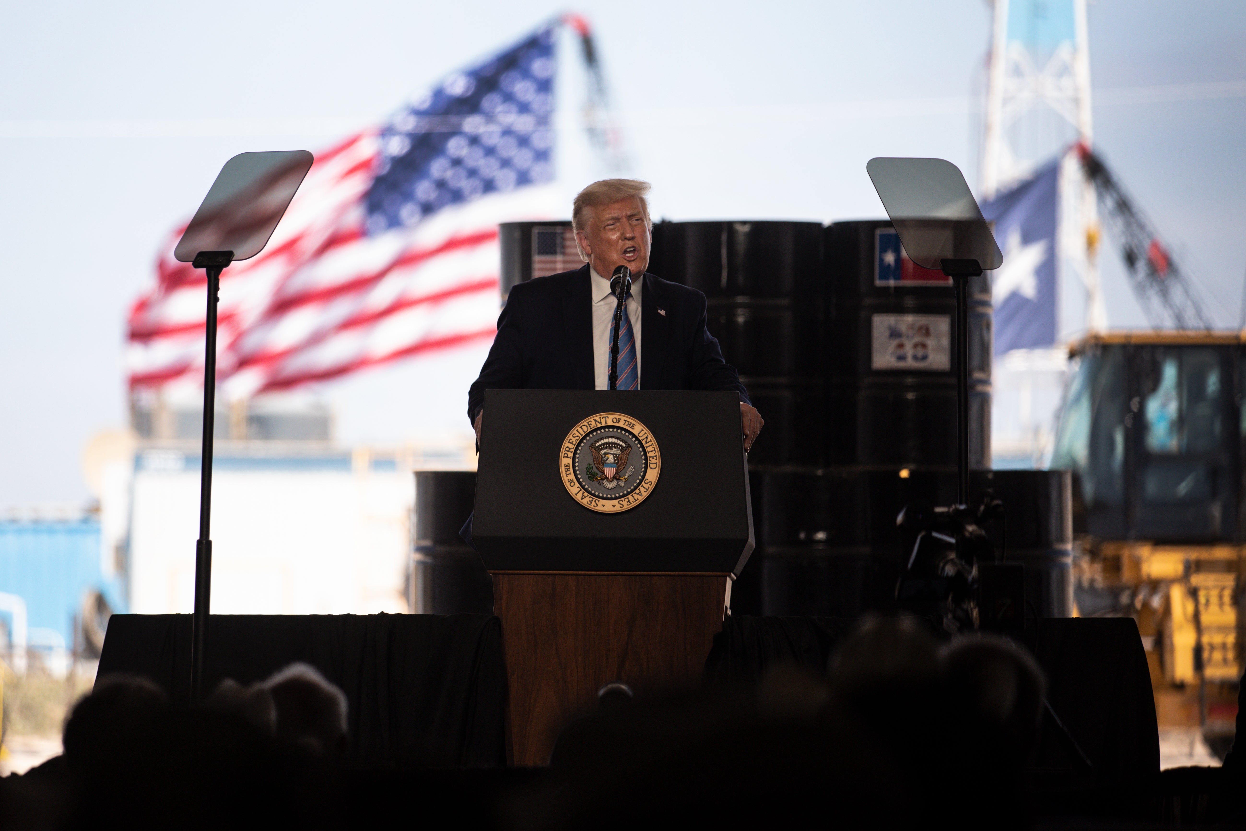 President Donald Trump speaks to city officials and employees of Double Eagle Energy on the site of an active oil rig on July 29, 2020 in Midland, Texas.