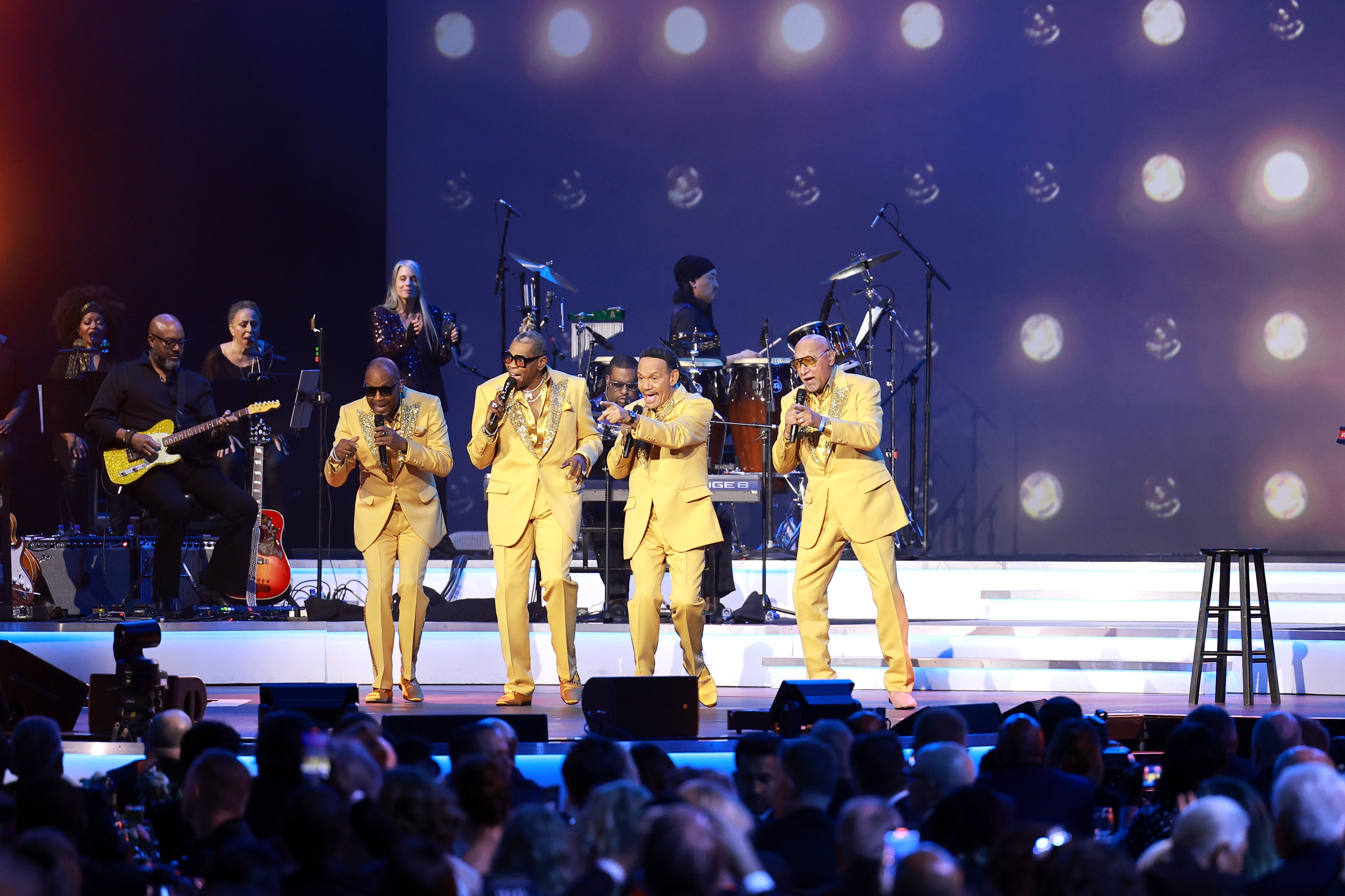 From left-to-right, Four Tops members Lawrence Payton, Alexaner Morris, Ronnie Mcneir and Abdul ‘Duke’ Fakir perform on stage. Morris says he was put in a restraining device after telling hospital staff he is a member of the group