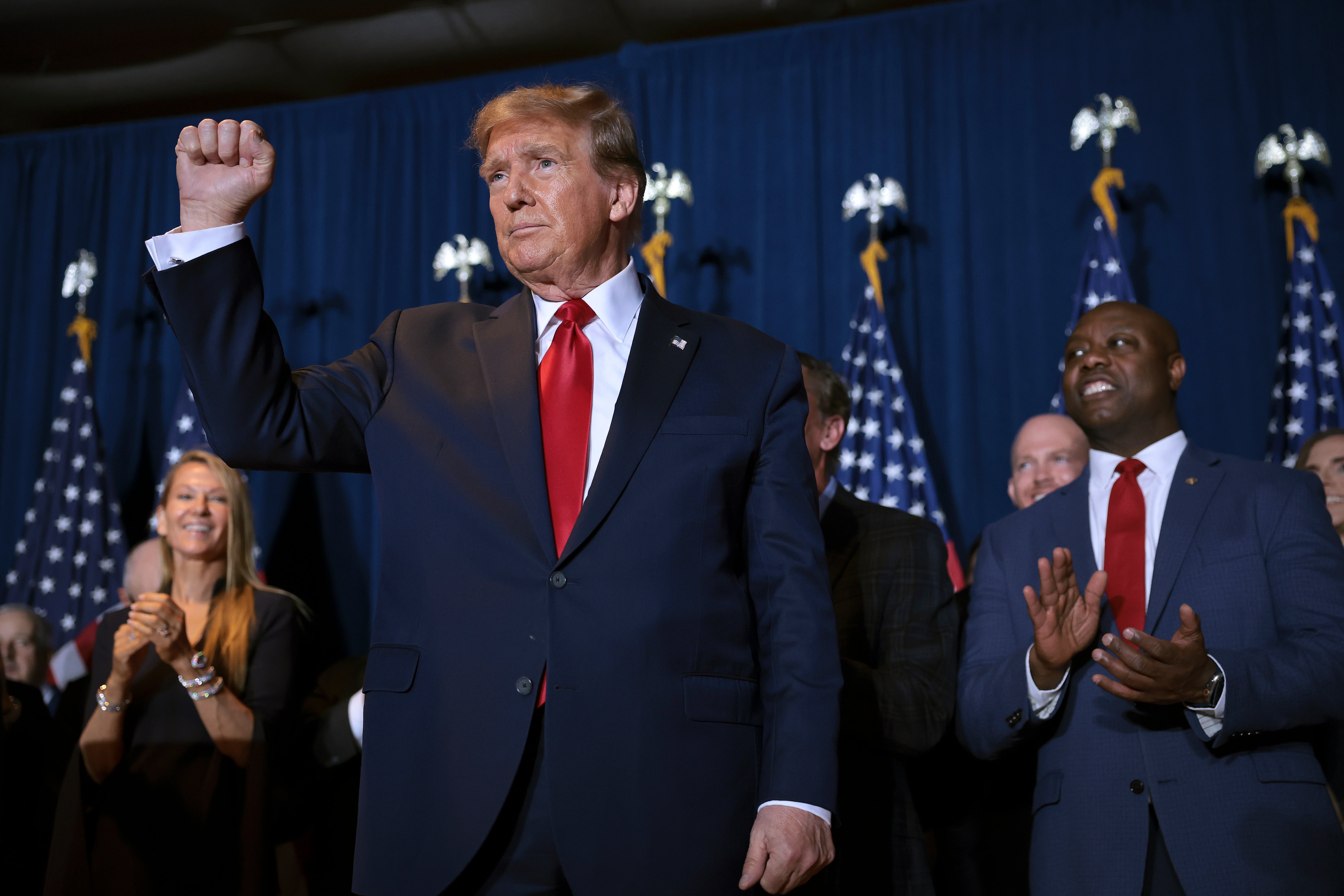 Tim Scott appears with Donald Trump at the State Fairgrounds on February 24, 2024 in Columbia, South Carolina