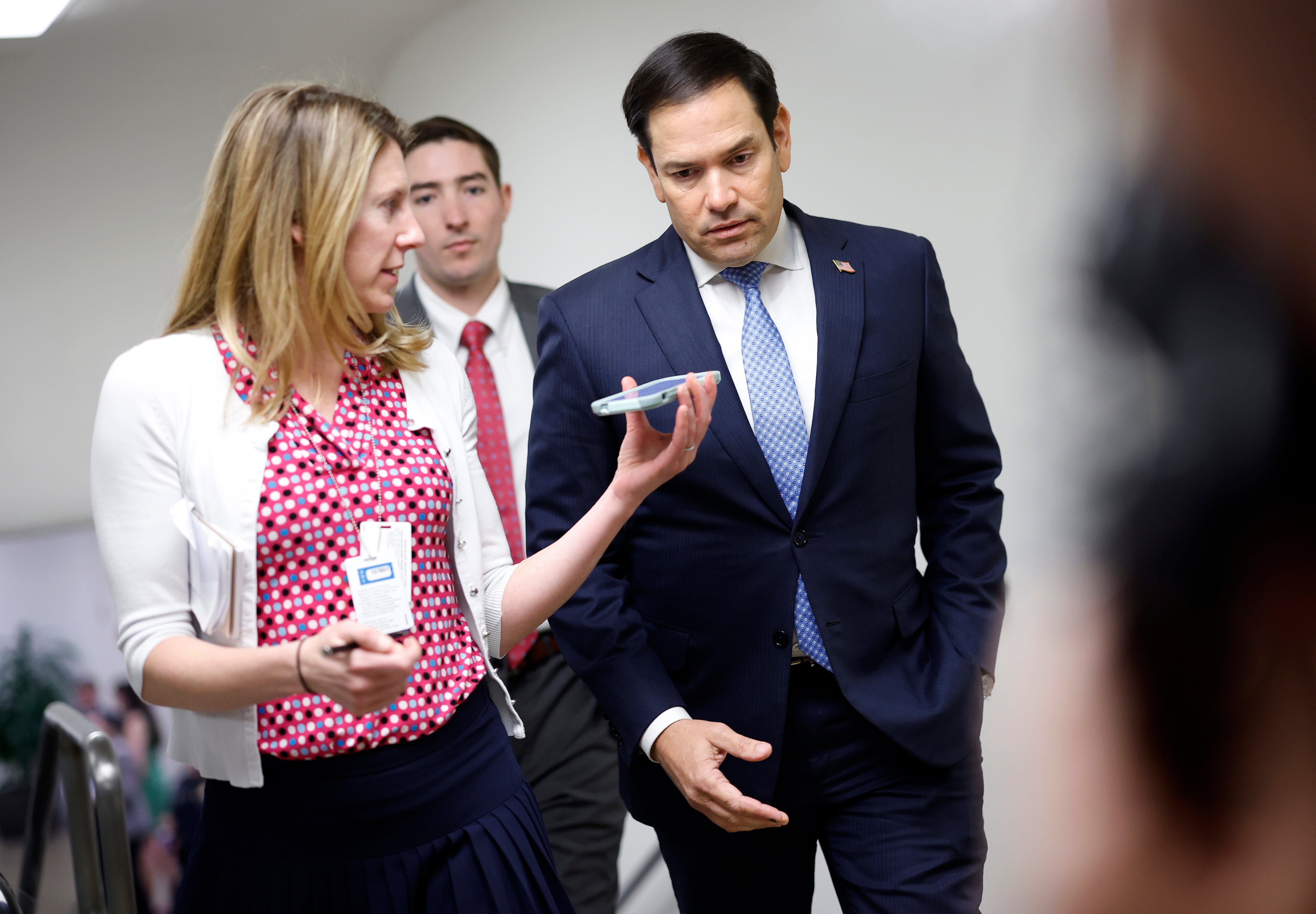 Sen. Marco Rubio talks to members of the media as he walks to the Senate chamber at the US Capitol on April 23, 2024 in Washington, DC