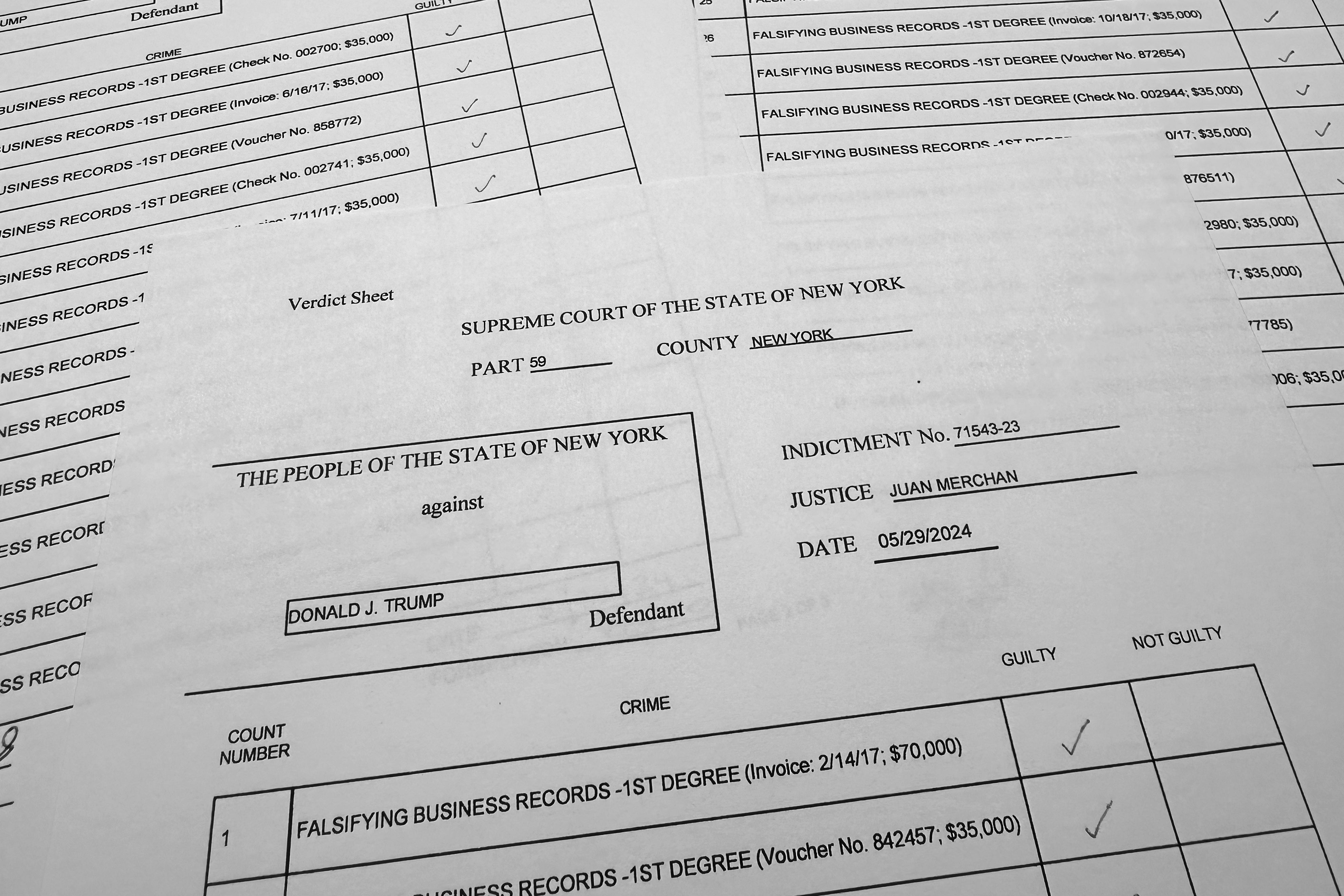 The verdict sheet in the hush money trial of former President Donald Trump after it was handed down