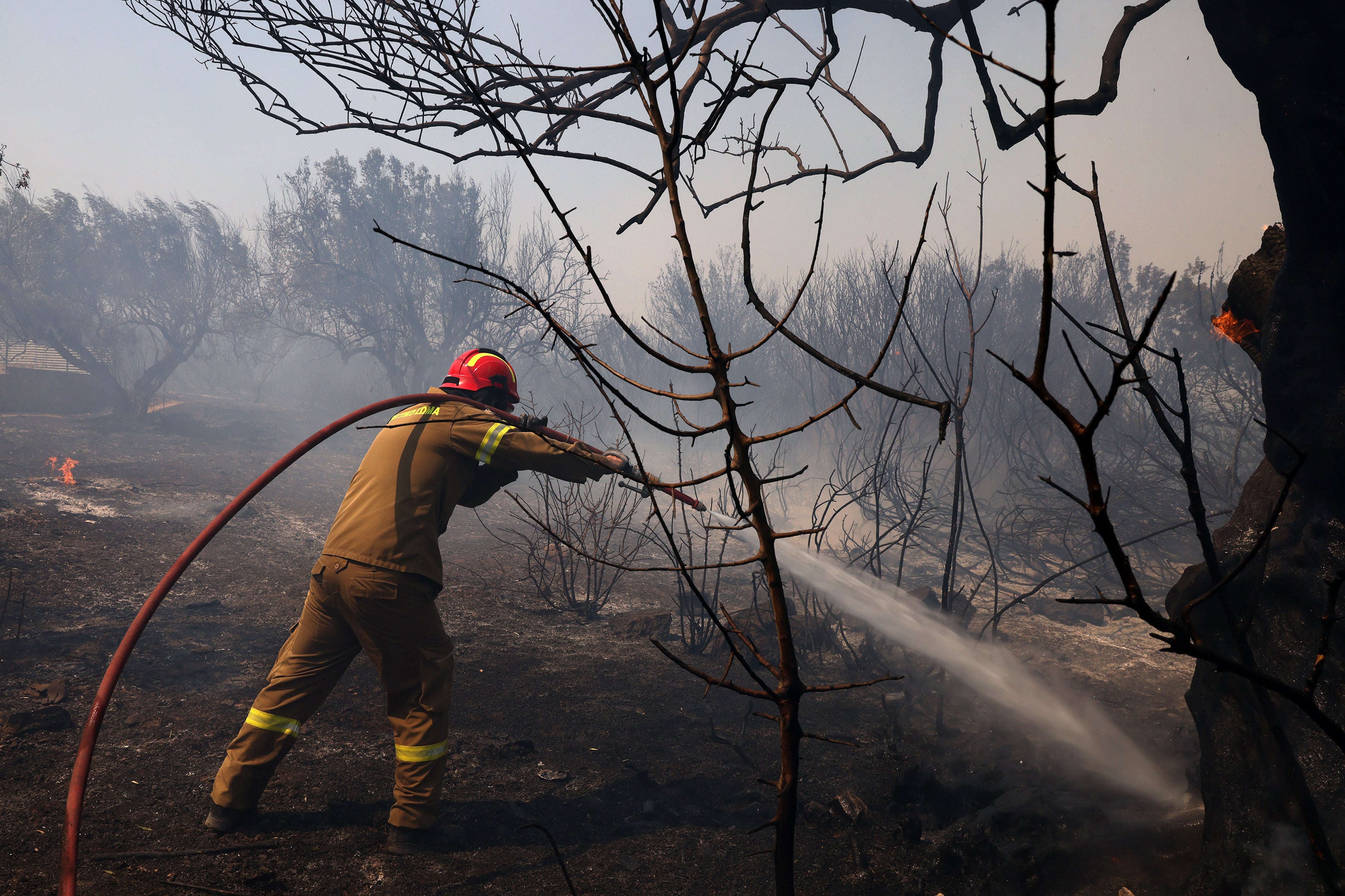 Firefighters extinguish a wildfire in Kitsi near the town of Koropi in Greece on Wednesday