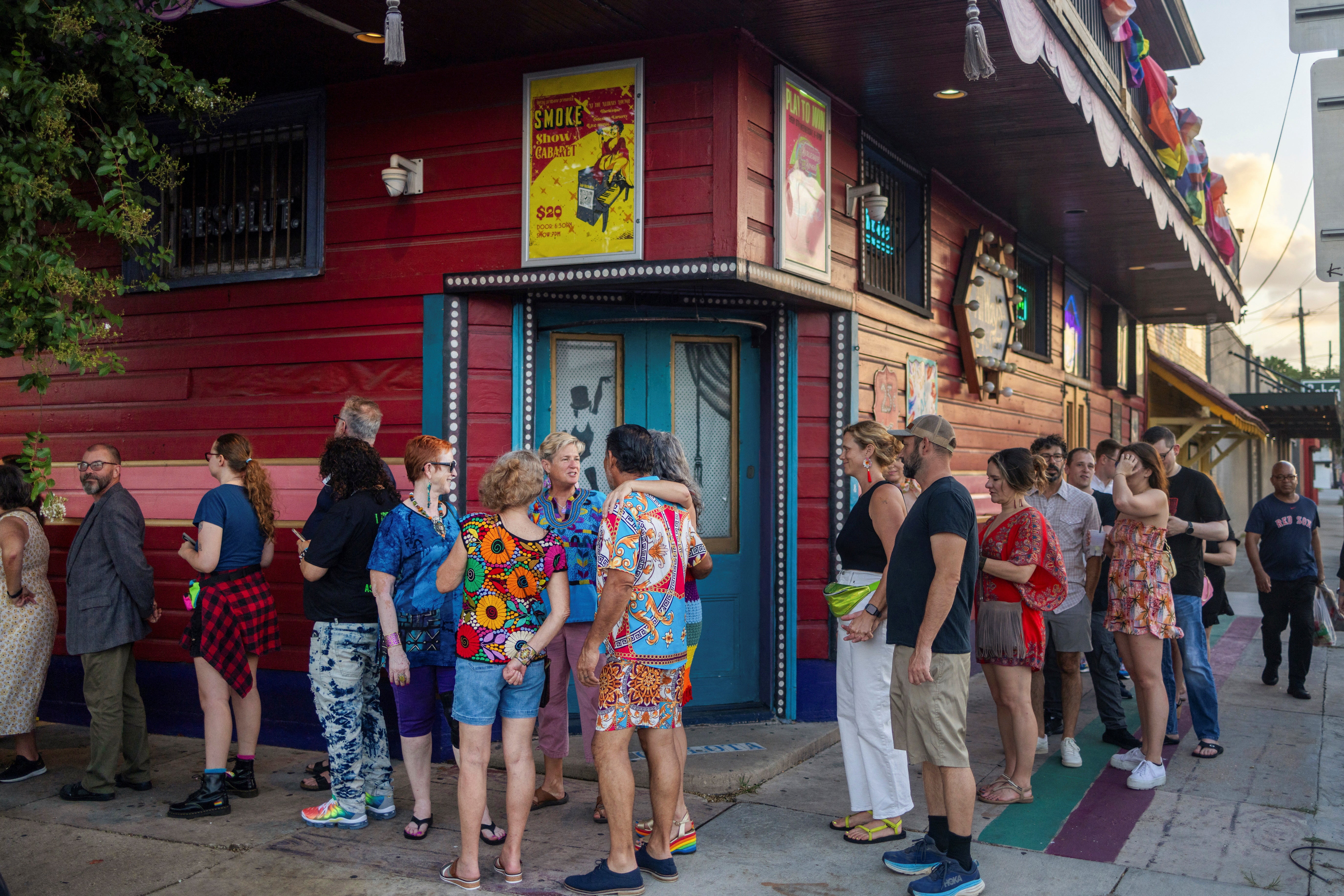 A line of people wait outside the venue for Stormy Daniels’ comedy show in New Orleans, Louisiana. Daniels had played a starring role in Donald Trump’s hush money trial and is now pivoting to stand-up comedy