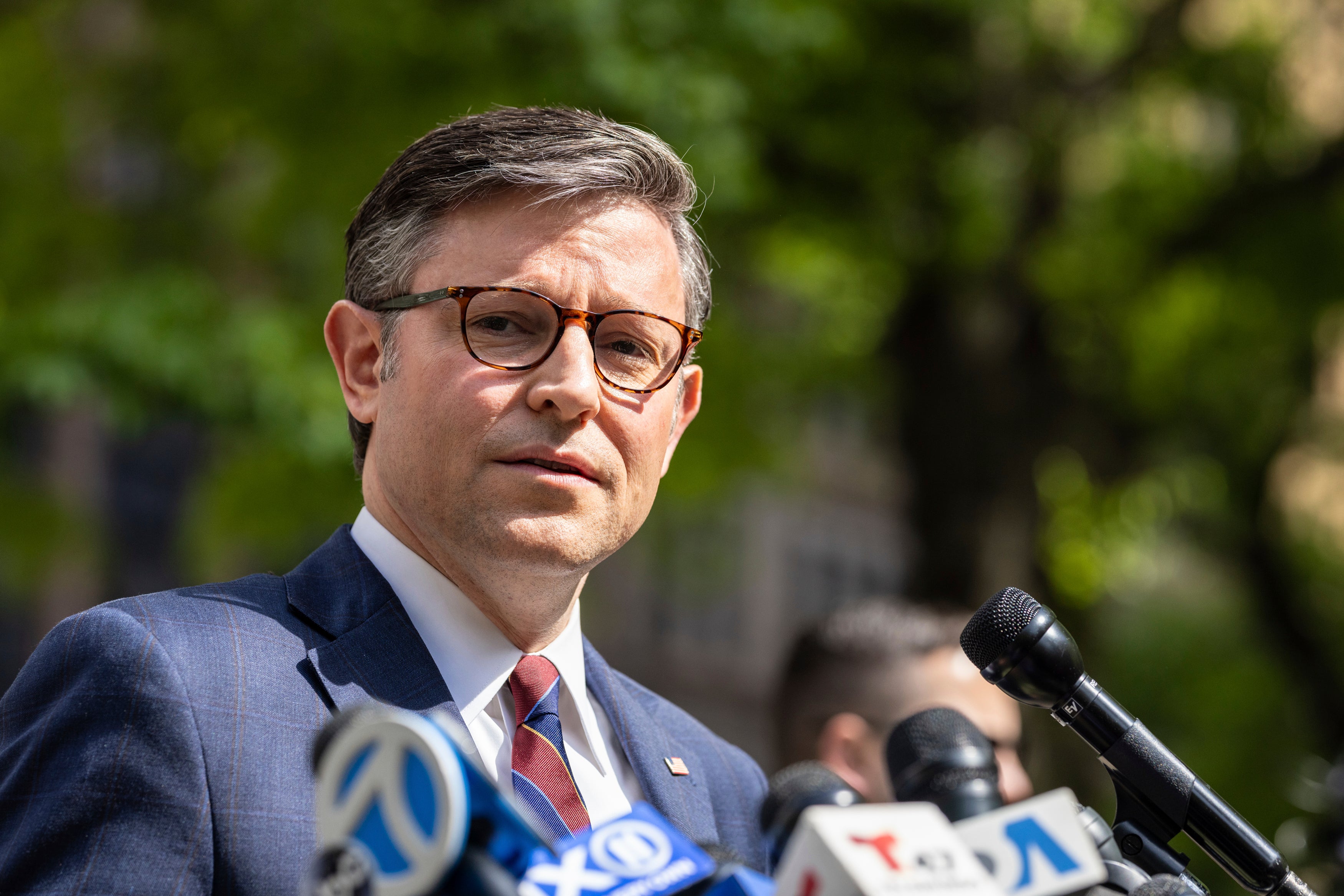 Mike Johnson, Republican speaker of the House of Representatives, appears outside of Manhattan Criminal Court to speak for Donald Trump on 14 May 2024