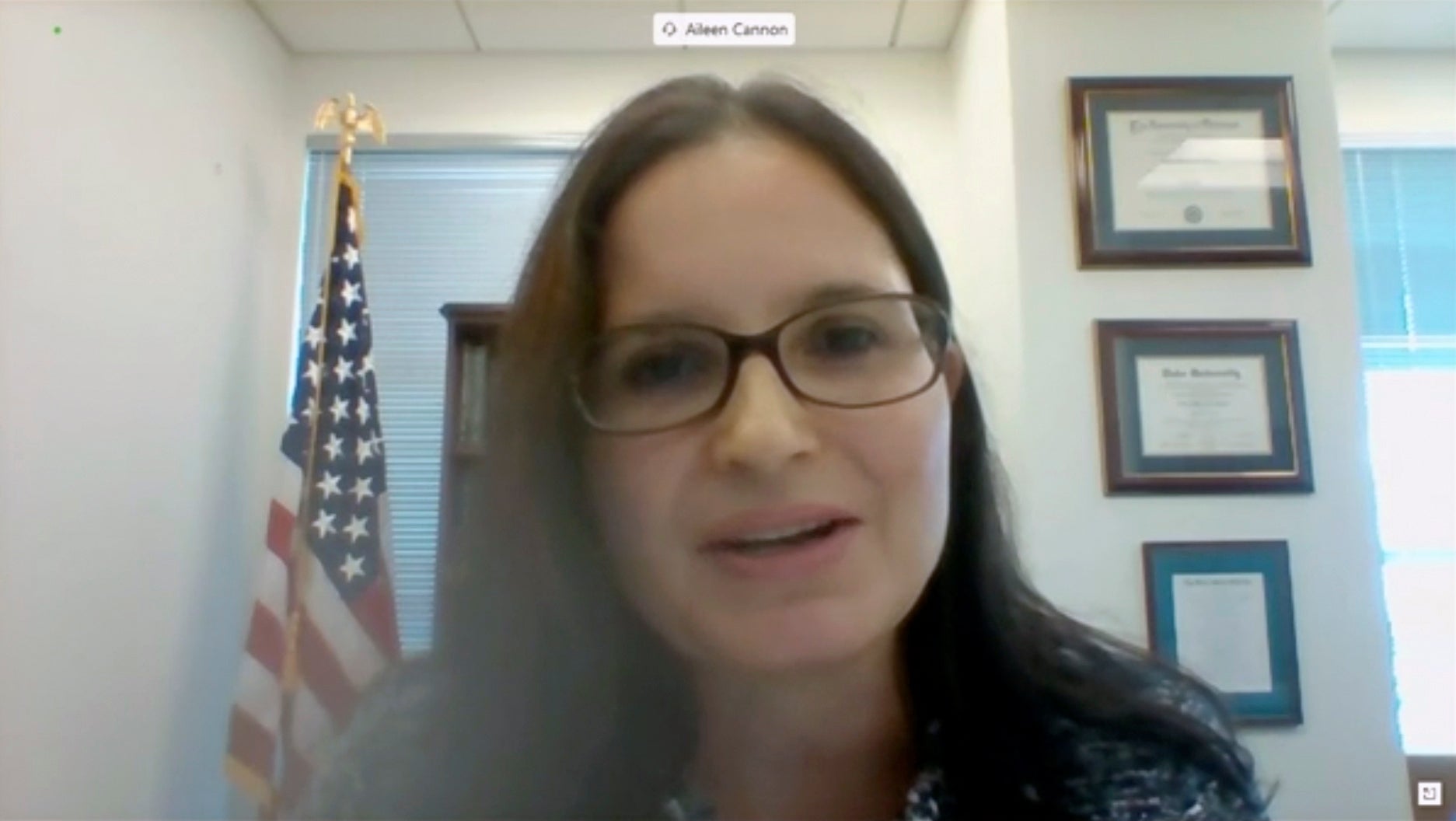 Judge Aileen Cannon, pictured during her remote Senate confirmation hearing in 2020, presided over a gag order hearing in Donald Trump’s classified documents case in Florida on June 24.