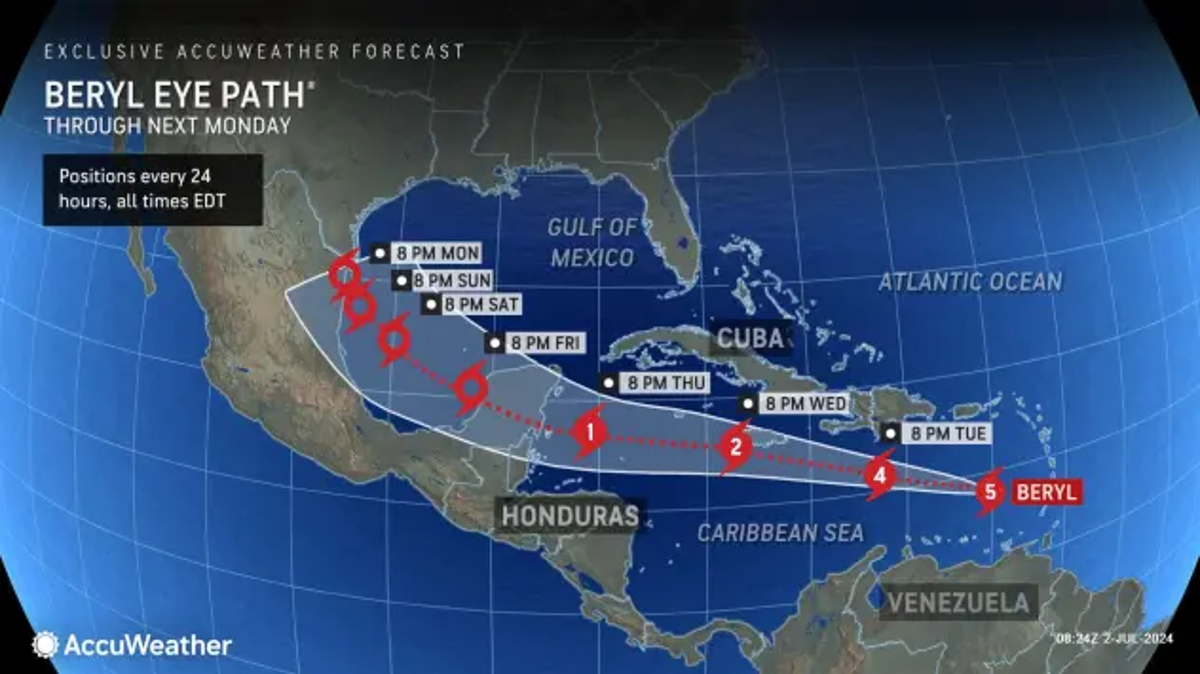 Track of Hurricane Beryl Map as Category 4 storm powers through