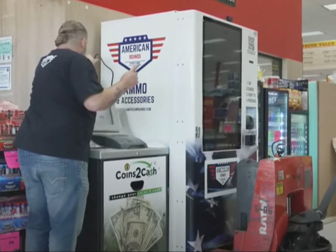 An American Rounds ammunition vending machine is installed in a Fresh Value grocery store in Tuscaloosa, Alabama. The machine requires customers to provide photo ID to verify their age and facial recognition technology matches their faces to their identification