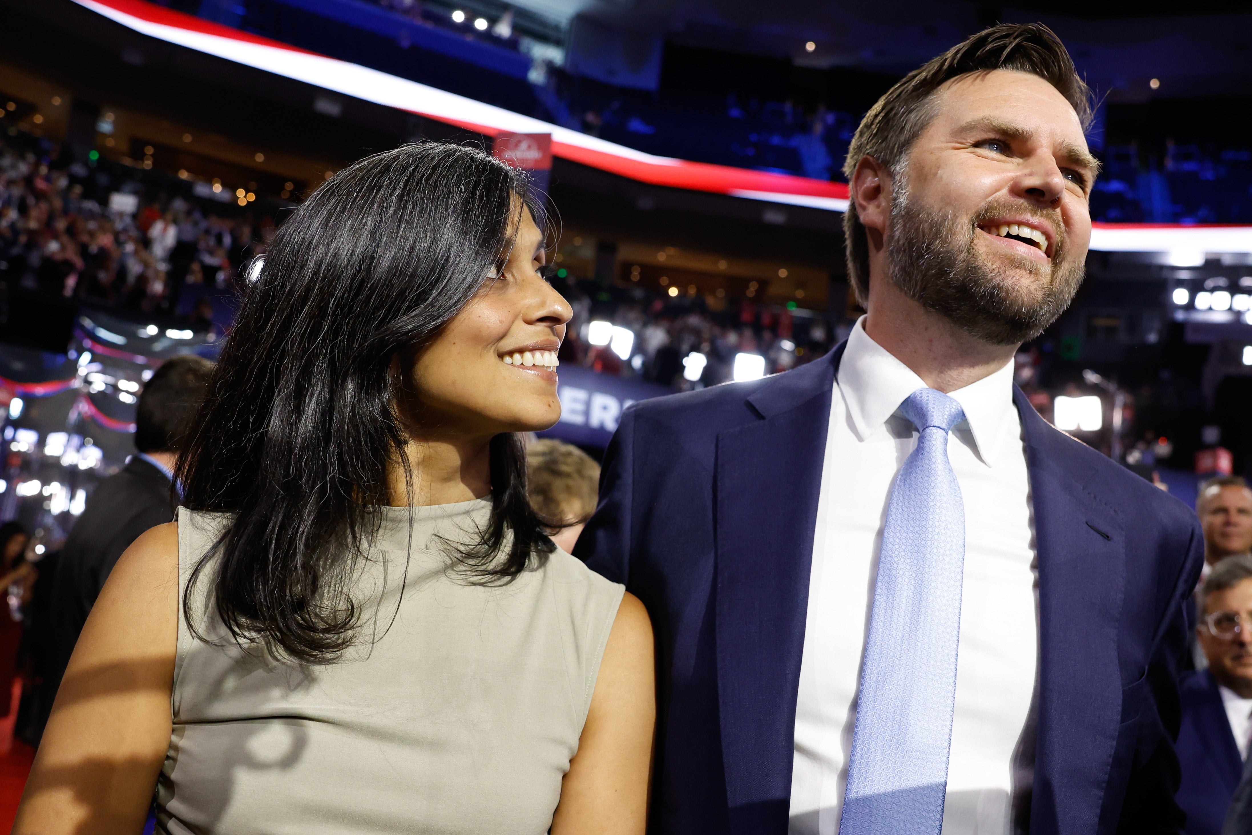 Usha Chilukuri Vance and her husband JD Vance at the Republican National Convention in Milwaukee as he accepts Donald Trump’s invitation to be his running mate