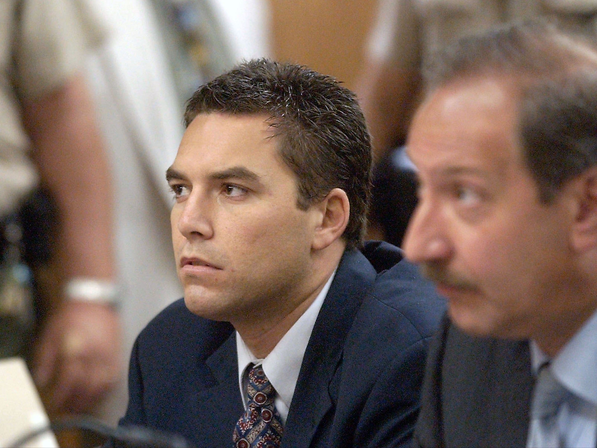 Scott Peterson, left, during a pretrial hearing in Modesto, California, July 2003