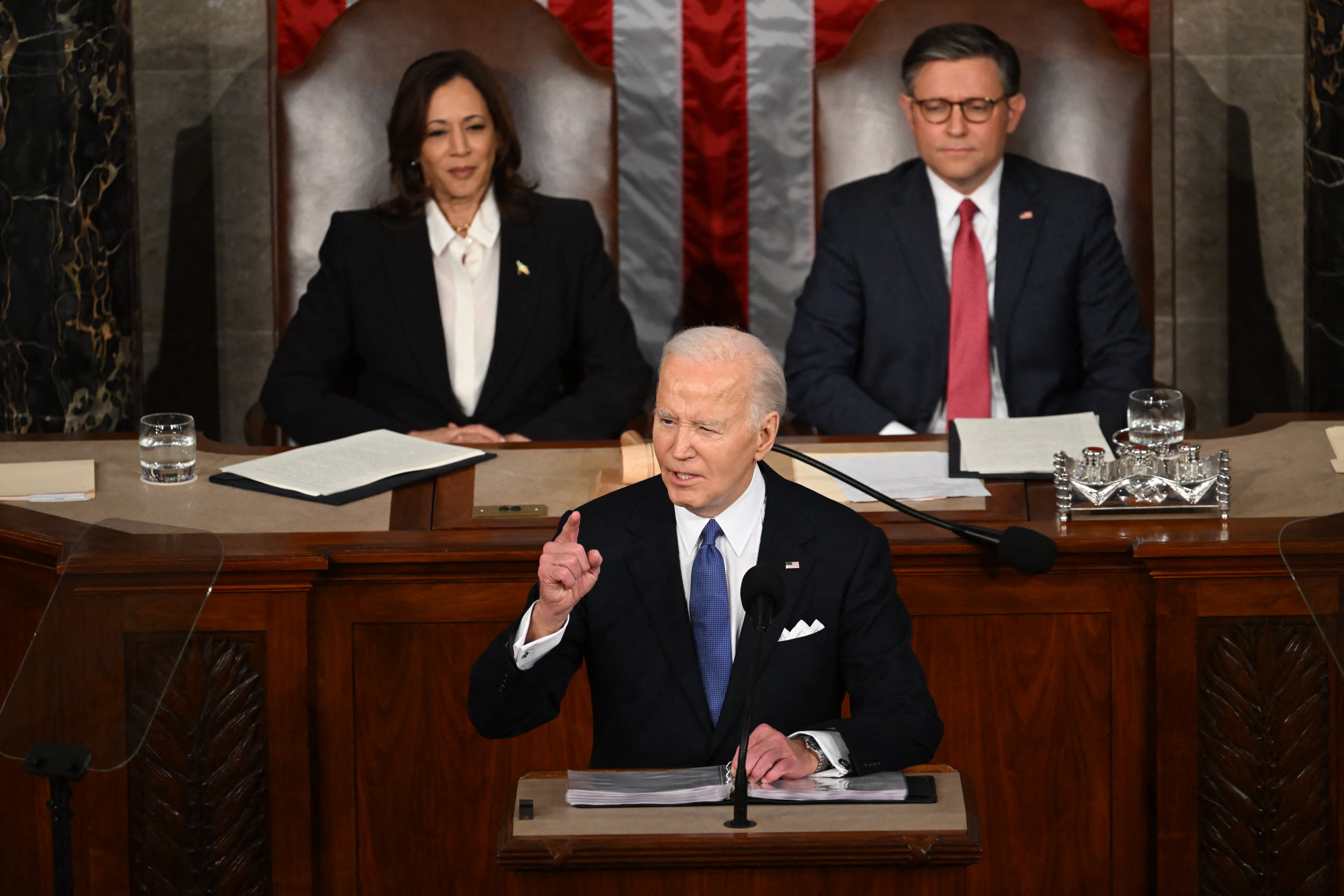 US President Joe Biden delivers the State of the Union address in the House Chamber of the US Capitol in Washington, DC, on March 7, 2024.