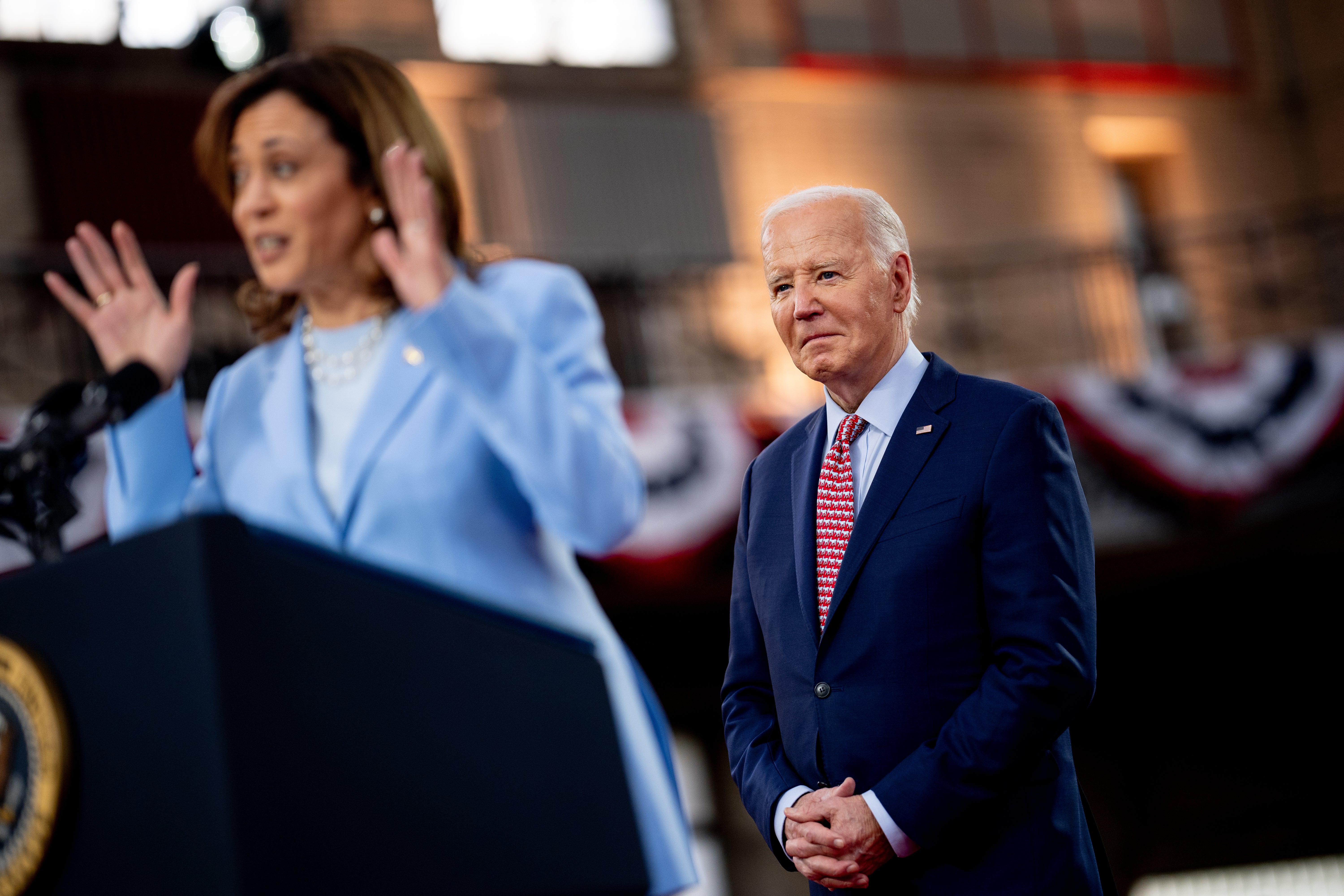 Biden and Harris at a campaign event in Pennsylvania in May. He has endorsed her as his successor