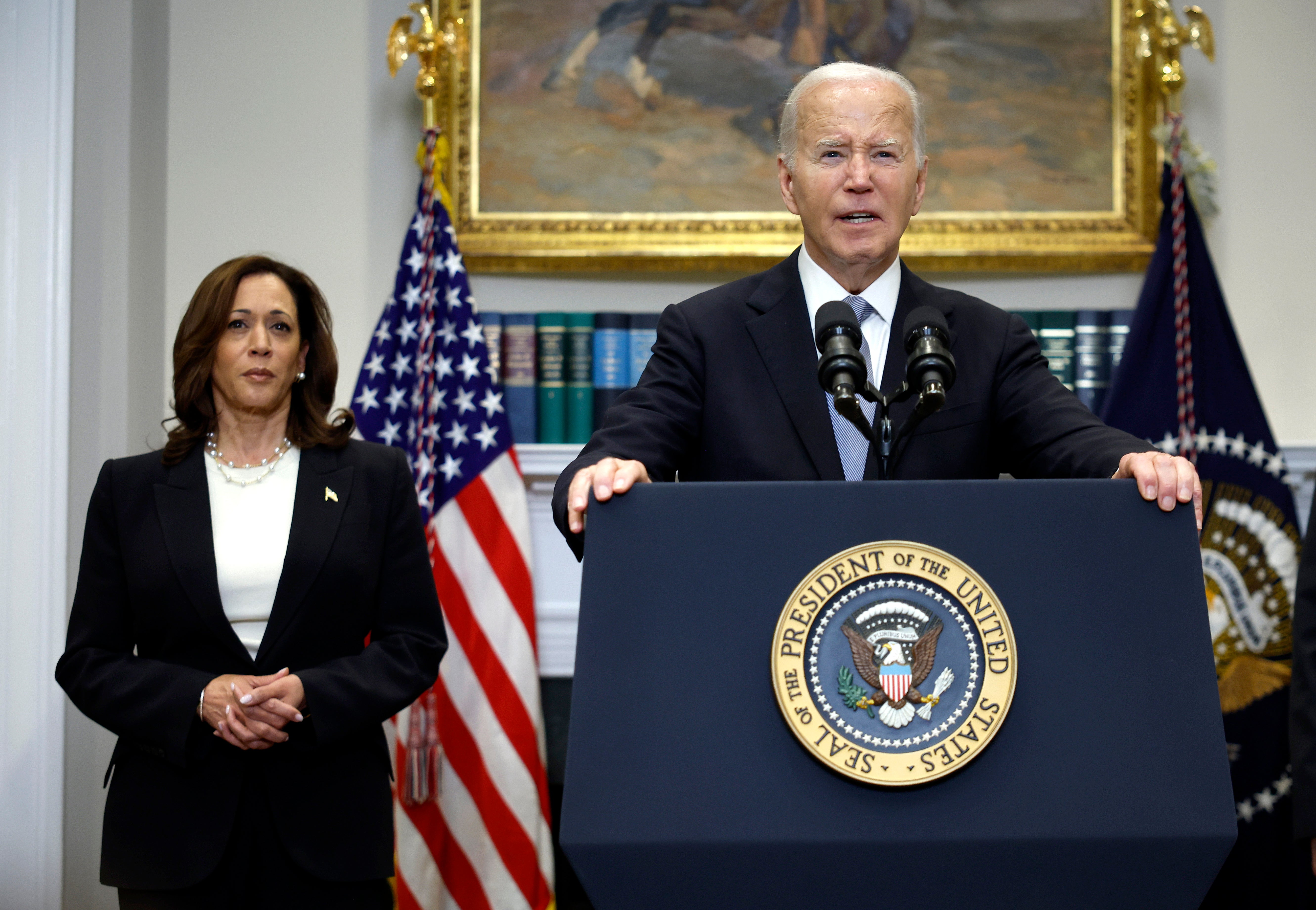 Joe Biden and Kamala Harris appear at the White House on July 14. One week later, Biden endorsed his vice president for the Democratic presidential nomination.