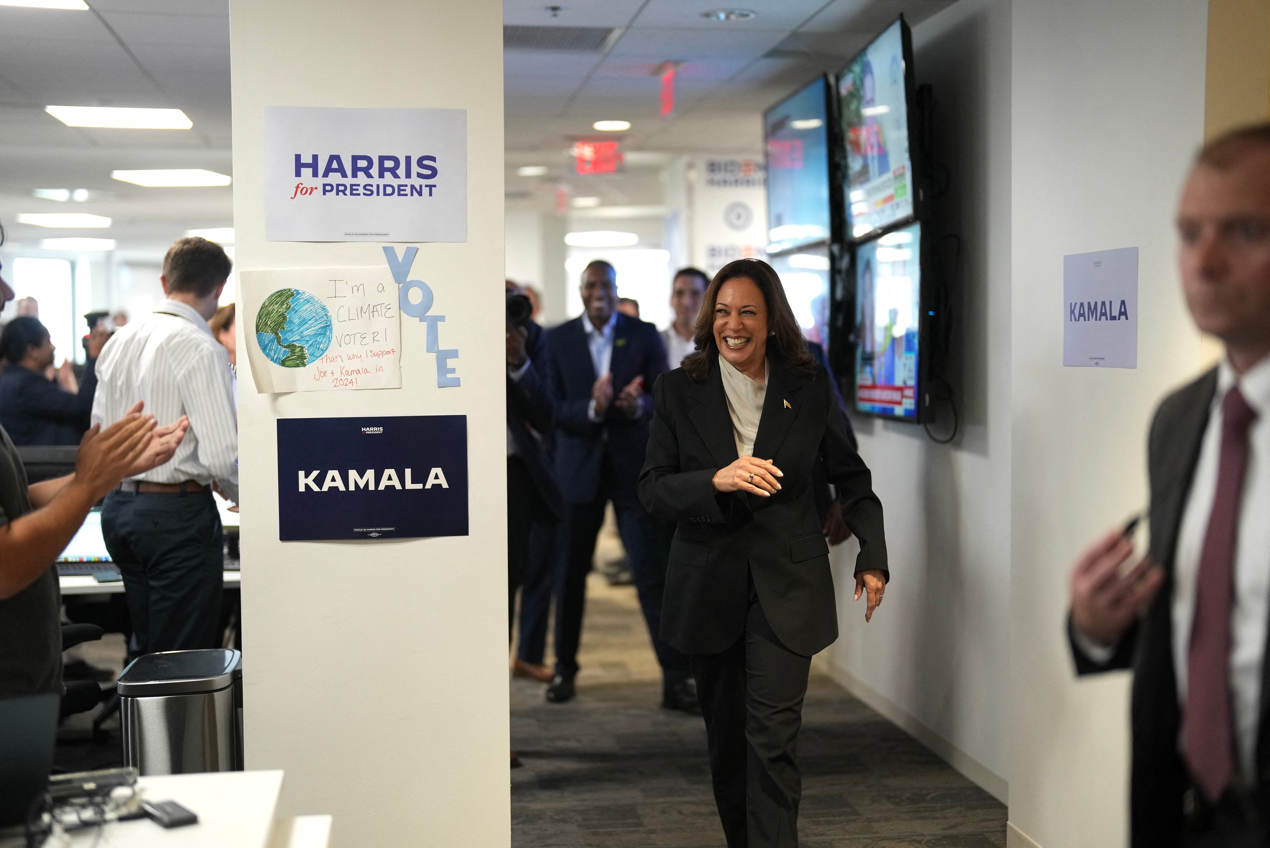 US Vice President and Democratic presidential candidate Kamala Harris arrives at campaign headquarters in Wilmington, Delaware, on July 22, 2024