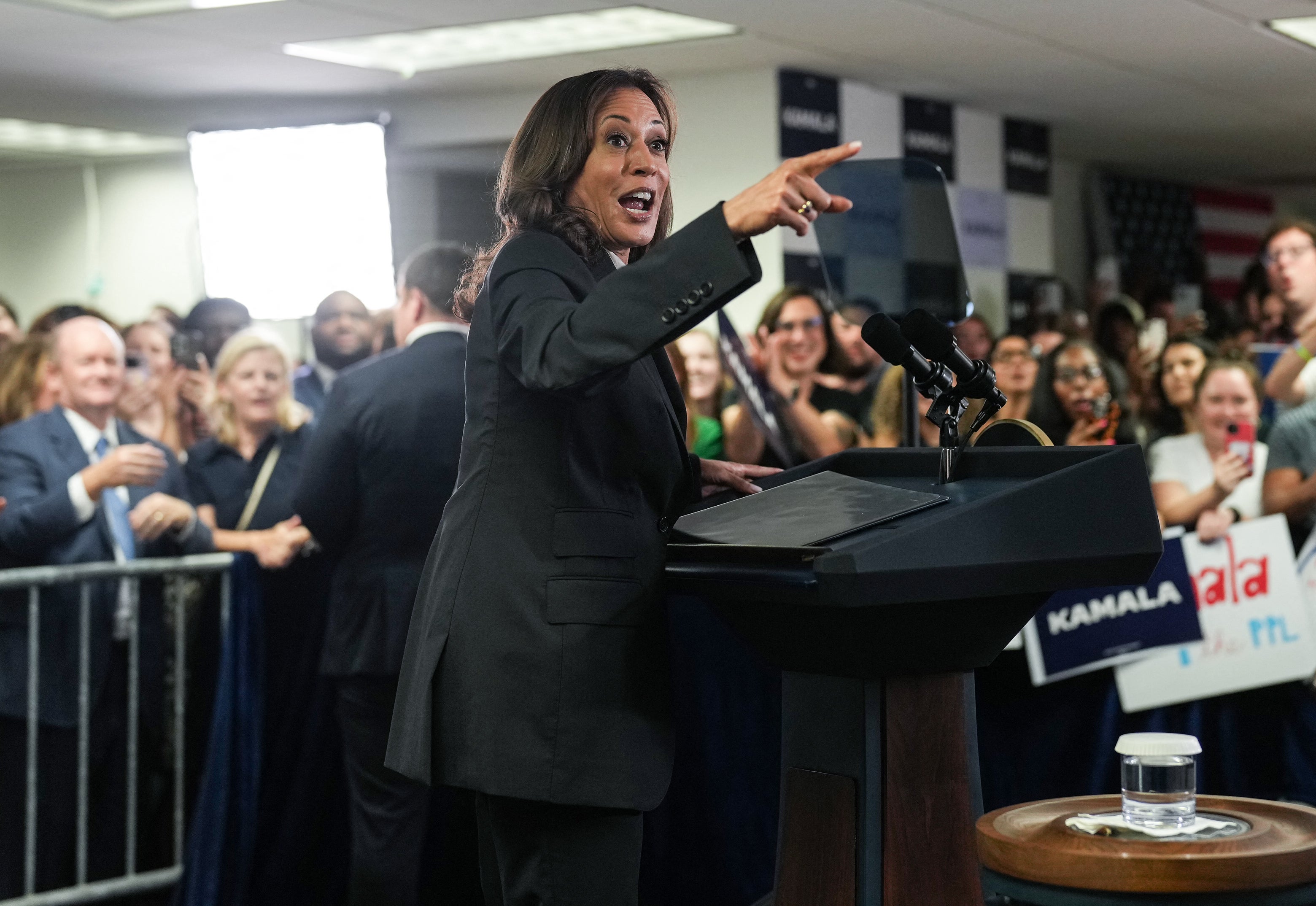 Kamala Harris speaks to supporters and campaign staff in Delaware as she launches her bid for the Democratic nomination for president on July 22