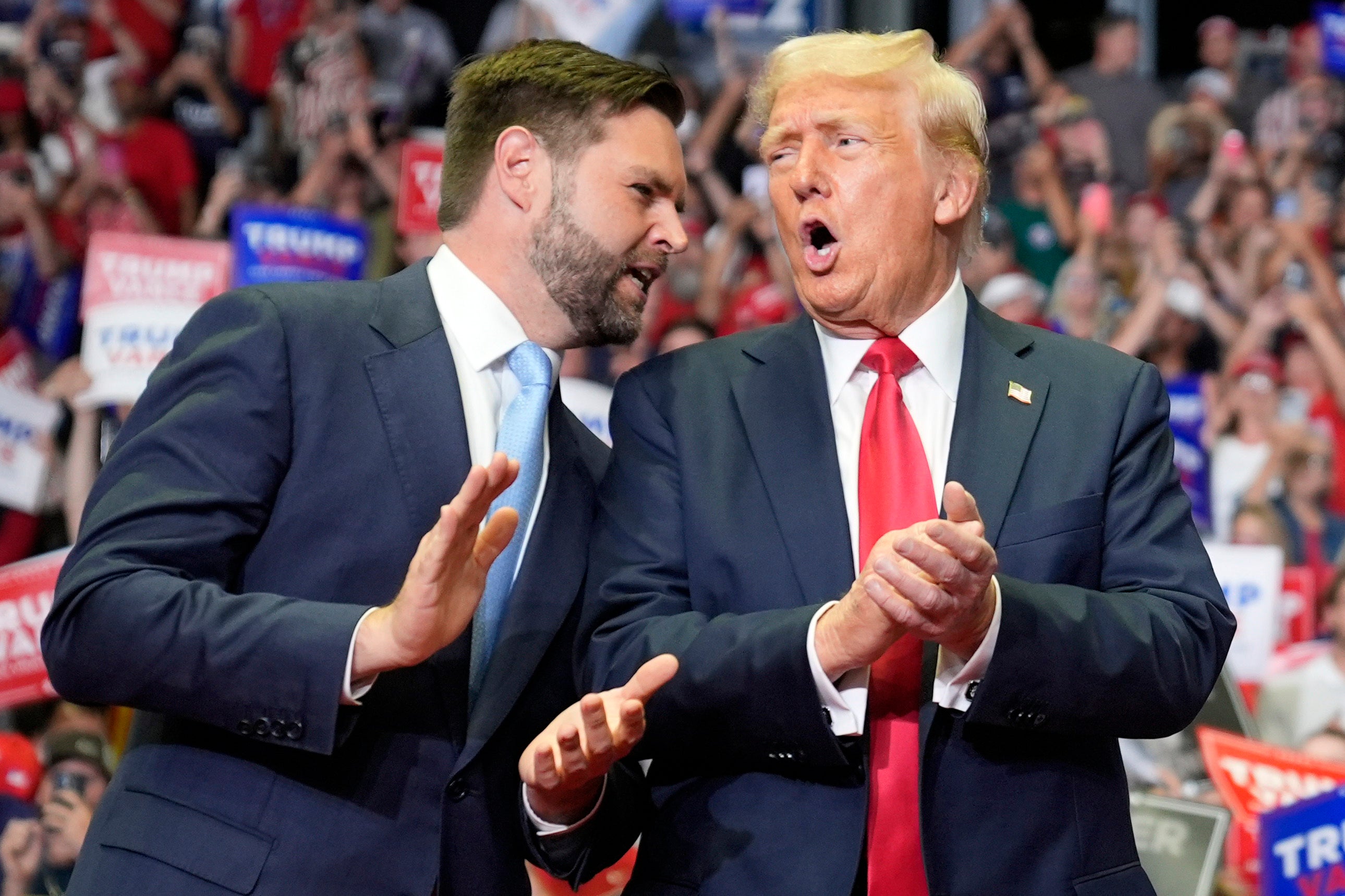 Donald Trump and his running mate JD Vance (left) have both been targeted by the Harris campaign’s ‘scathing’ attacks