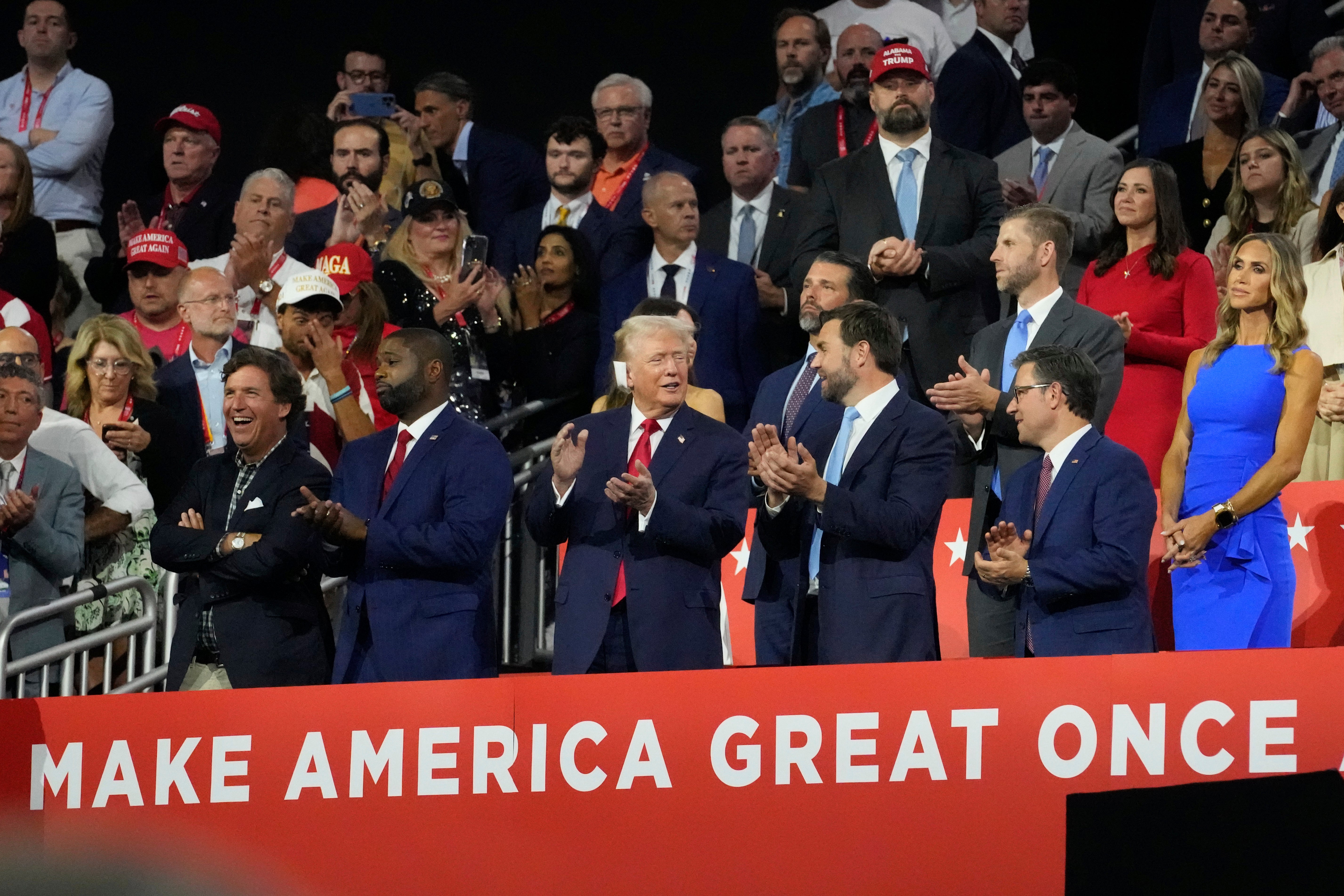 Republican presidential candidate Donald Trump appears with vice presidential candidate JD Vance during the Republican National Convention on Monday