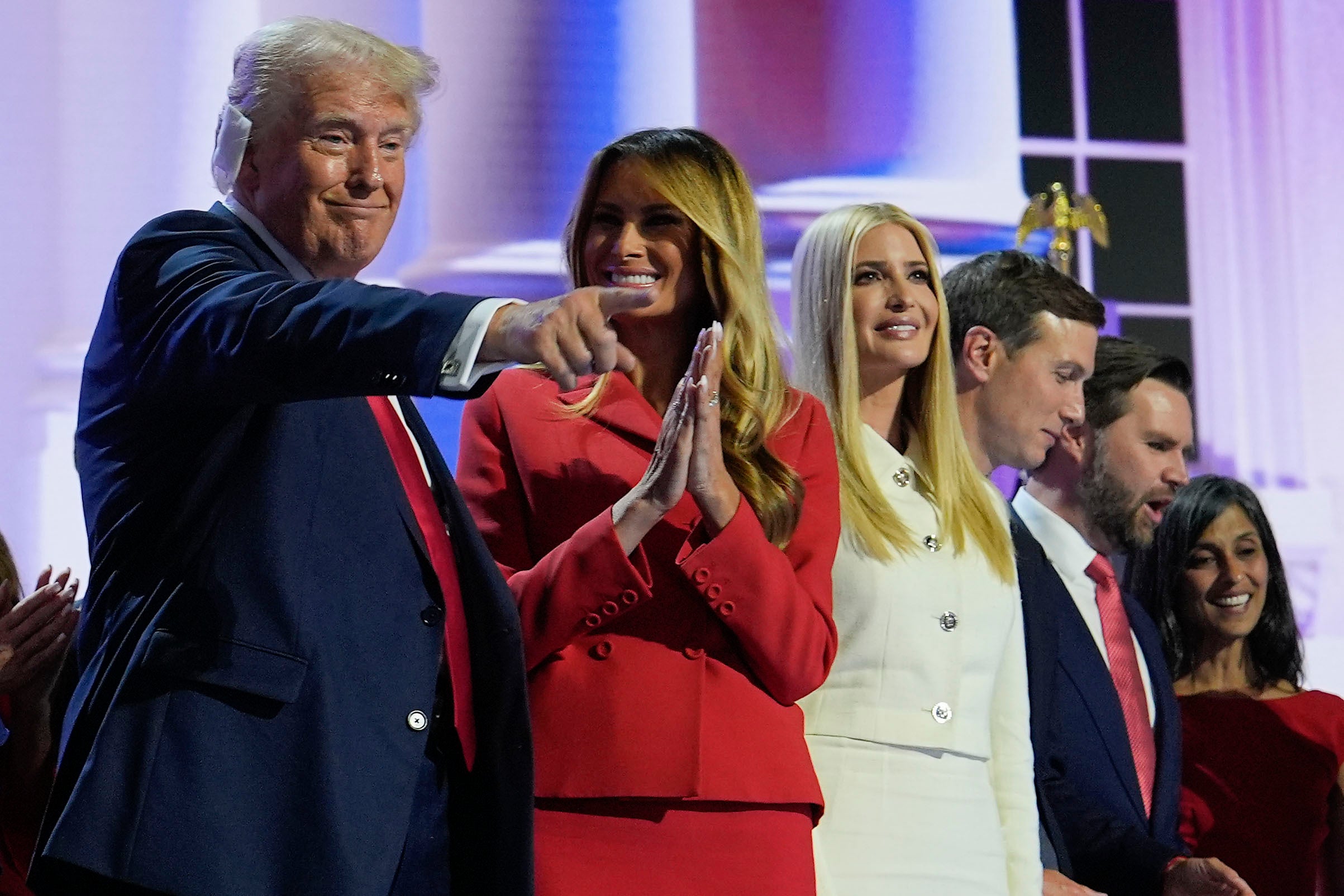 Republican presidential candidate former president Donald Trump, stands on stage with Melania Trump, Ivanka Trump and other family members