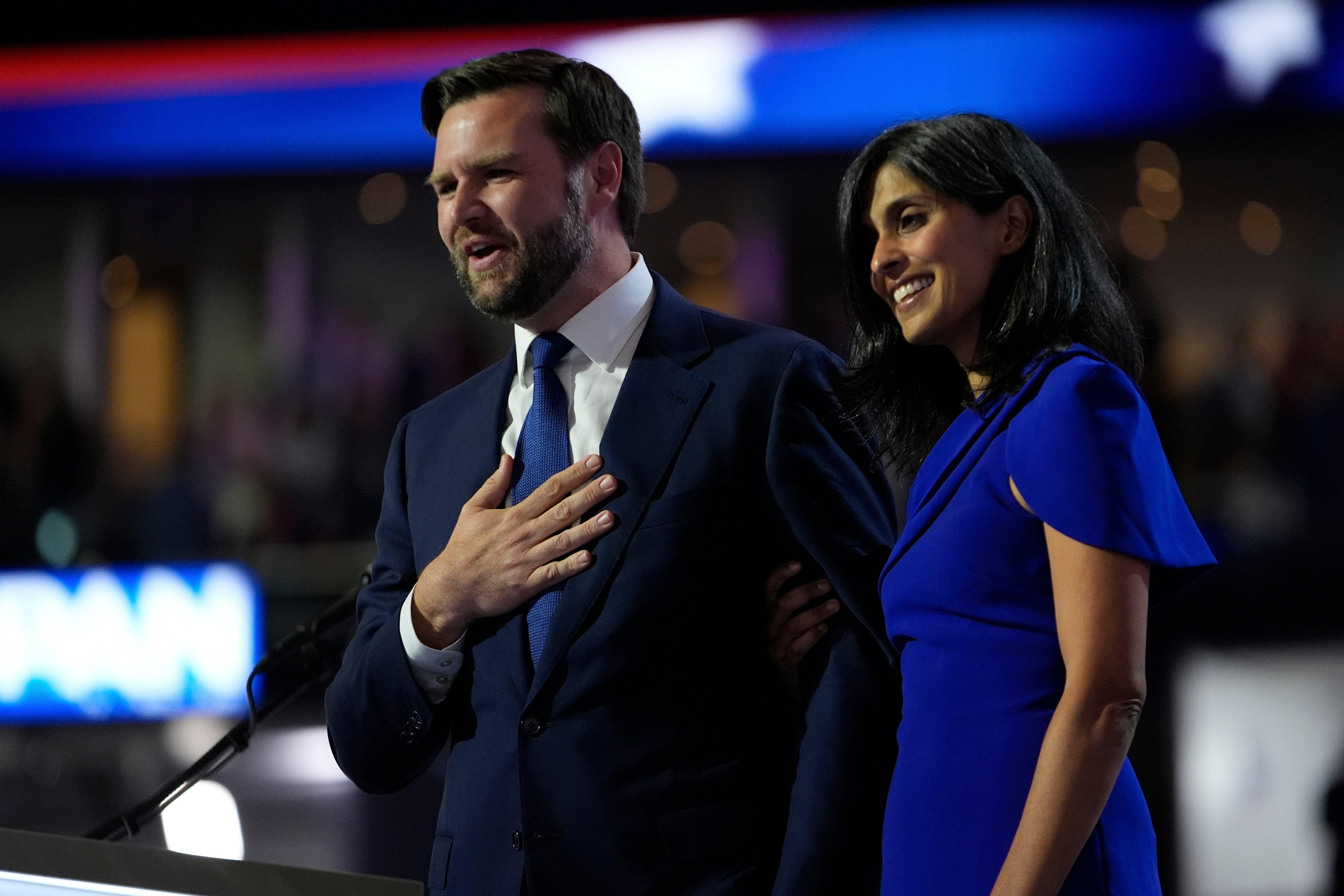 Senator JD Vance and wife Usha Chilukuri Vance acknowledge the crowd during the Republican National Convention Wednesday, 17 July 2024, in Milwaukee