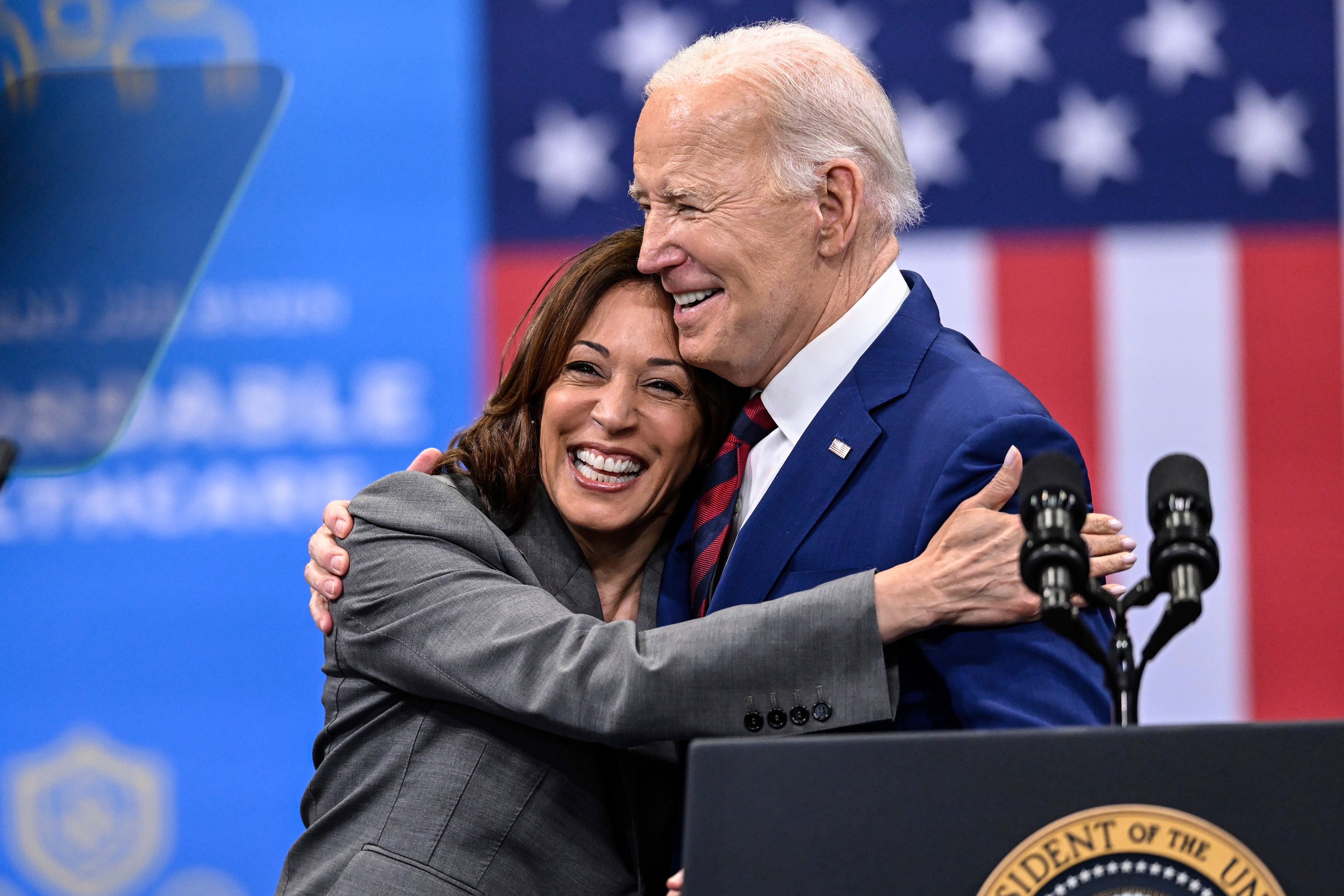 Harris embraces Biden after a speech on healthcare in Raleigh, North Carolina, earlier this year