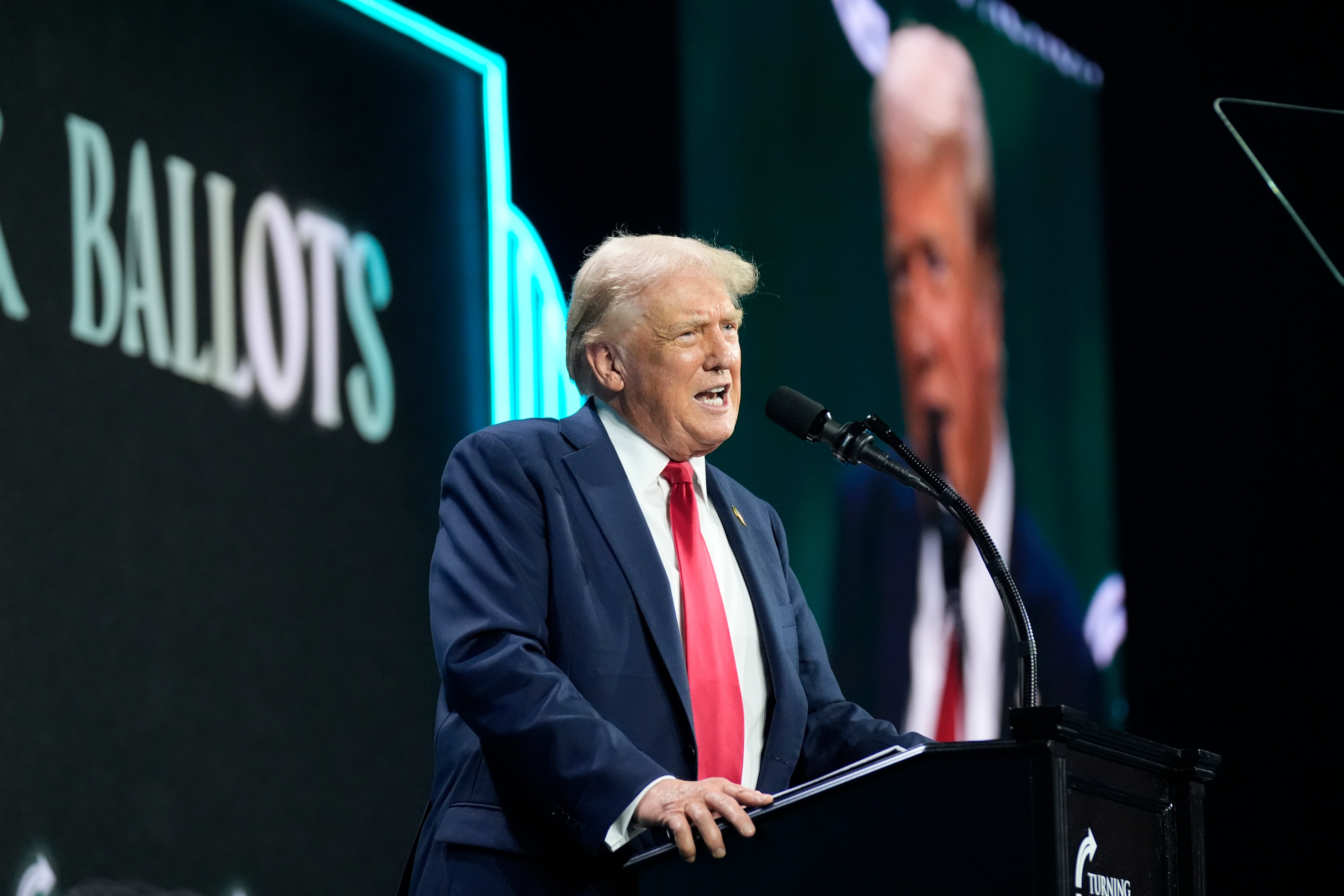 Republican presidential candidate former President Donald Trump speaks at the Turning Point Believers' Summit, Friday, July 26, 2024, in West Palm Beach, Florida