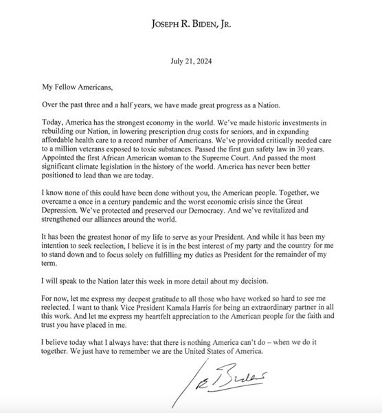 Joe Biden’s letter announcing he will not seek reelection