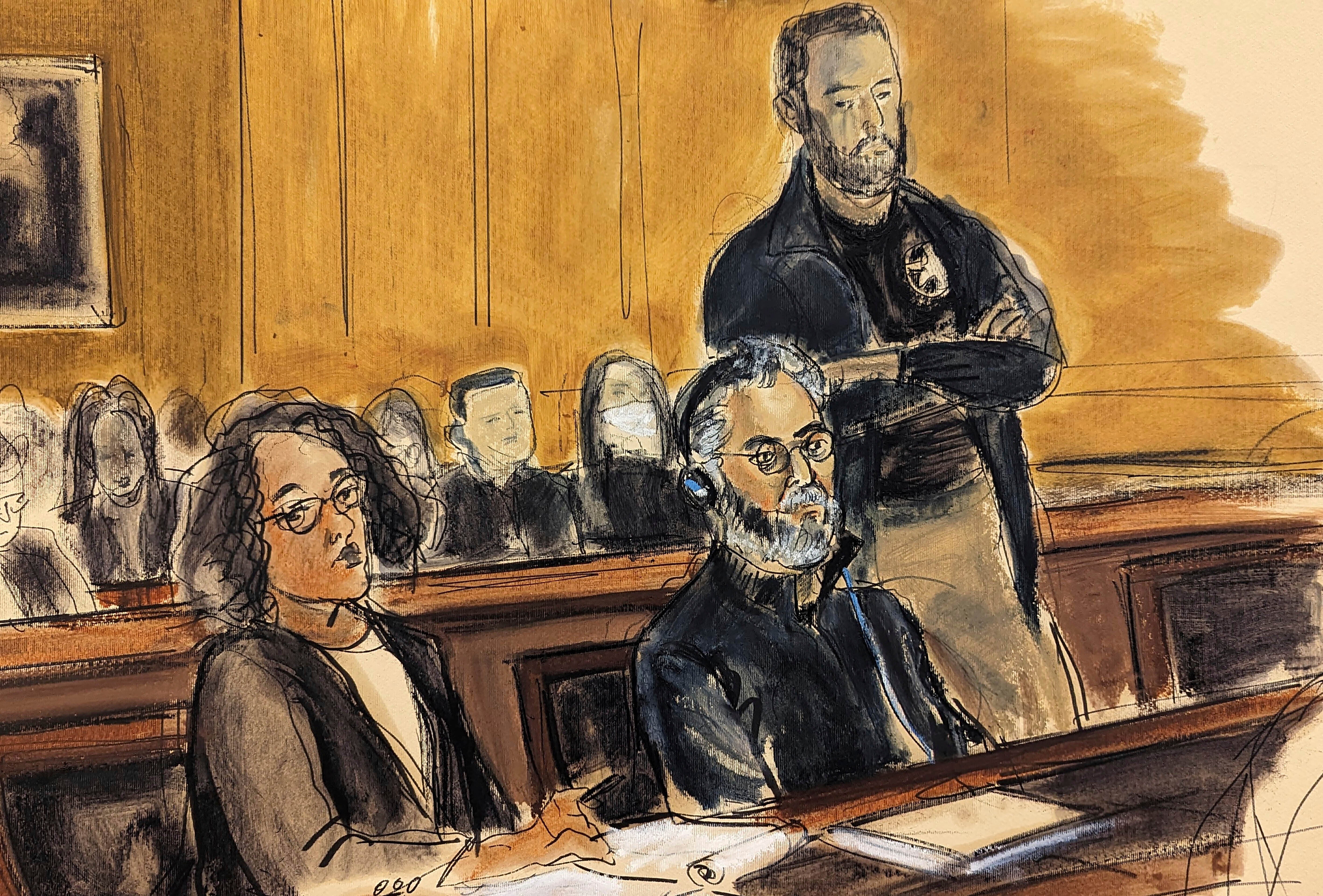 In this courtroom sketch, Guo Wengui, seated center, and his attorney, Tamara Giwa, left, appear in federal court