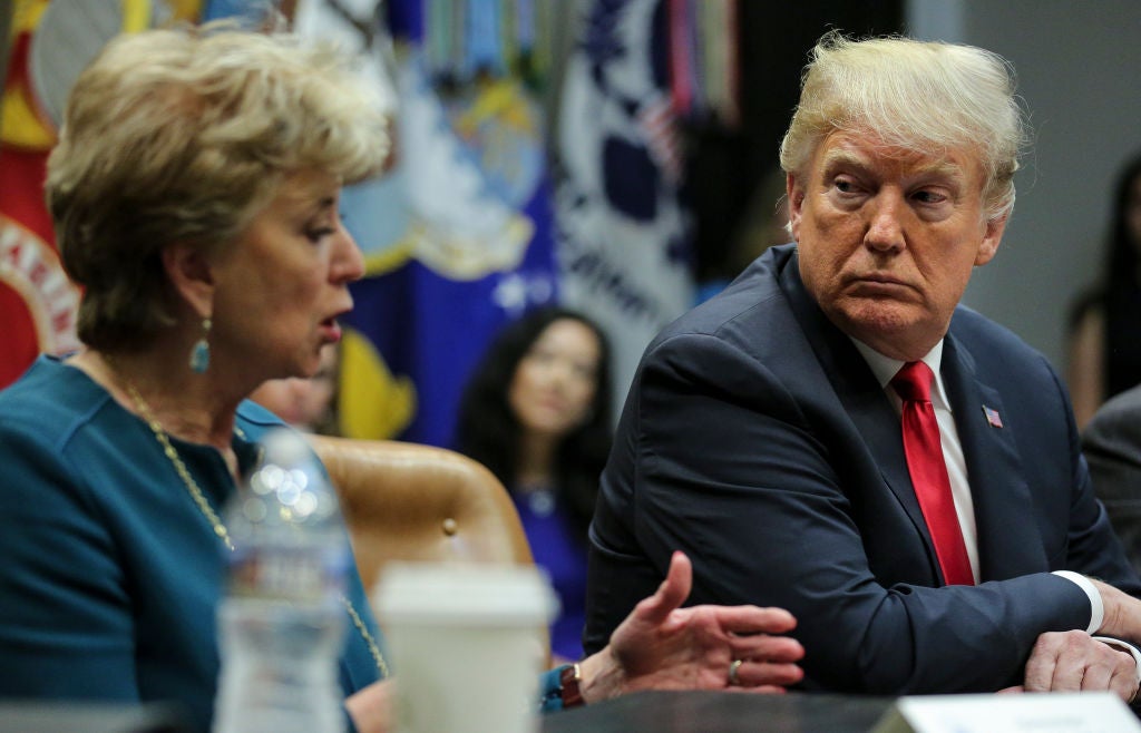 Donald Trump and Small Business Administration director Linda McMahon at a White House meeting in 2018. She’s overtly opposed to many of the policies and progress made by America’s labor movement