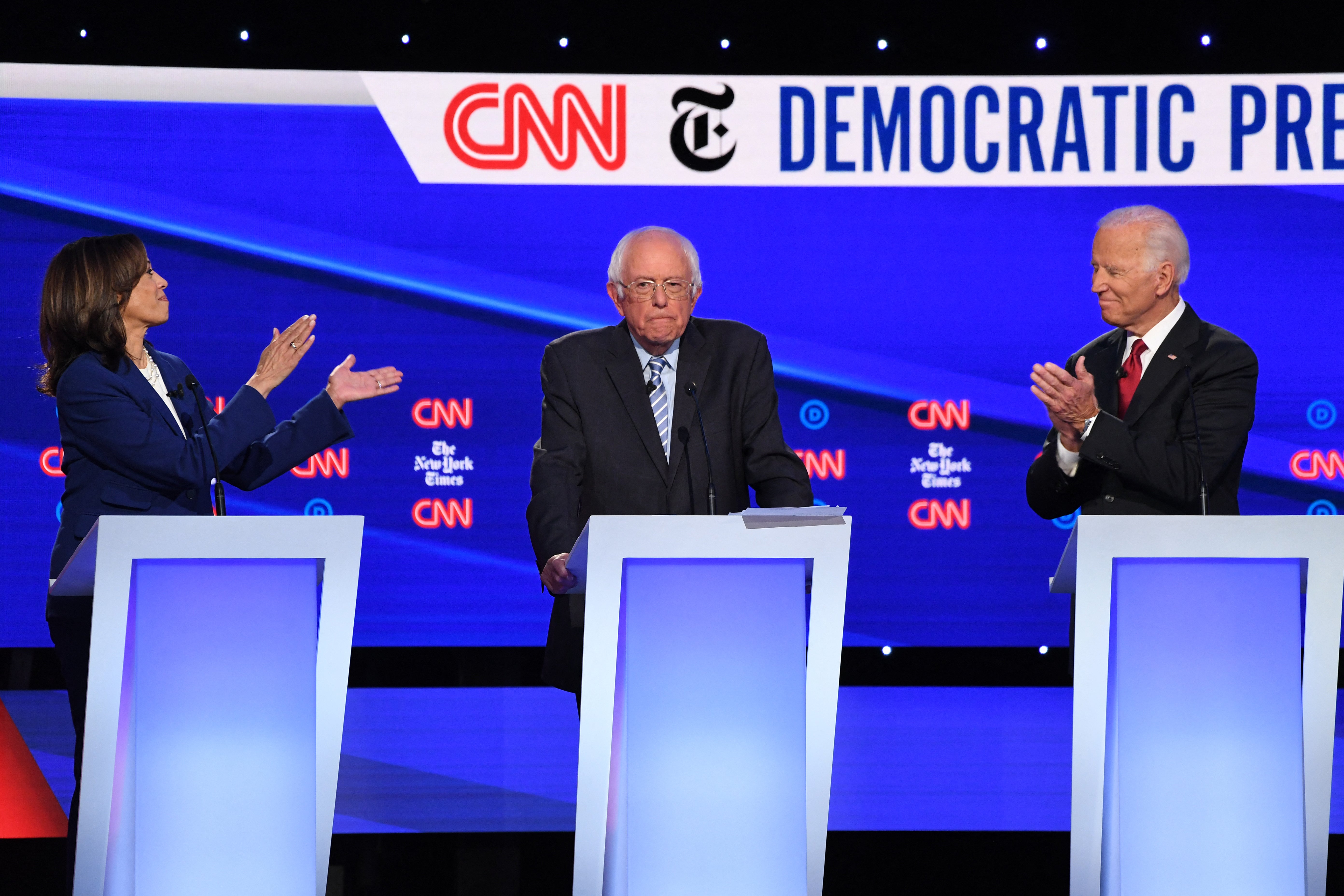 Then-Democratic presidential hopefuls Kamala Harris, Bernie Sanders and Joe Biden during the fourth Democratic primary debate of the 2020 presidential campaign on October 15, 2019.