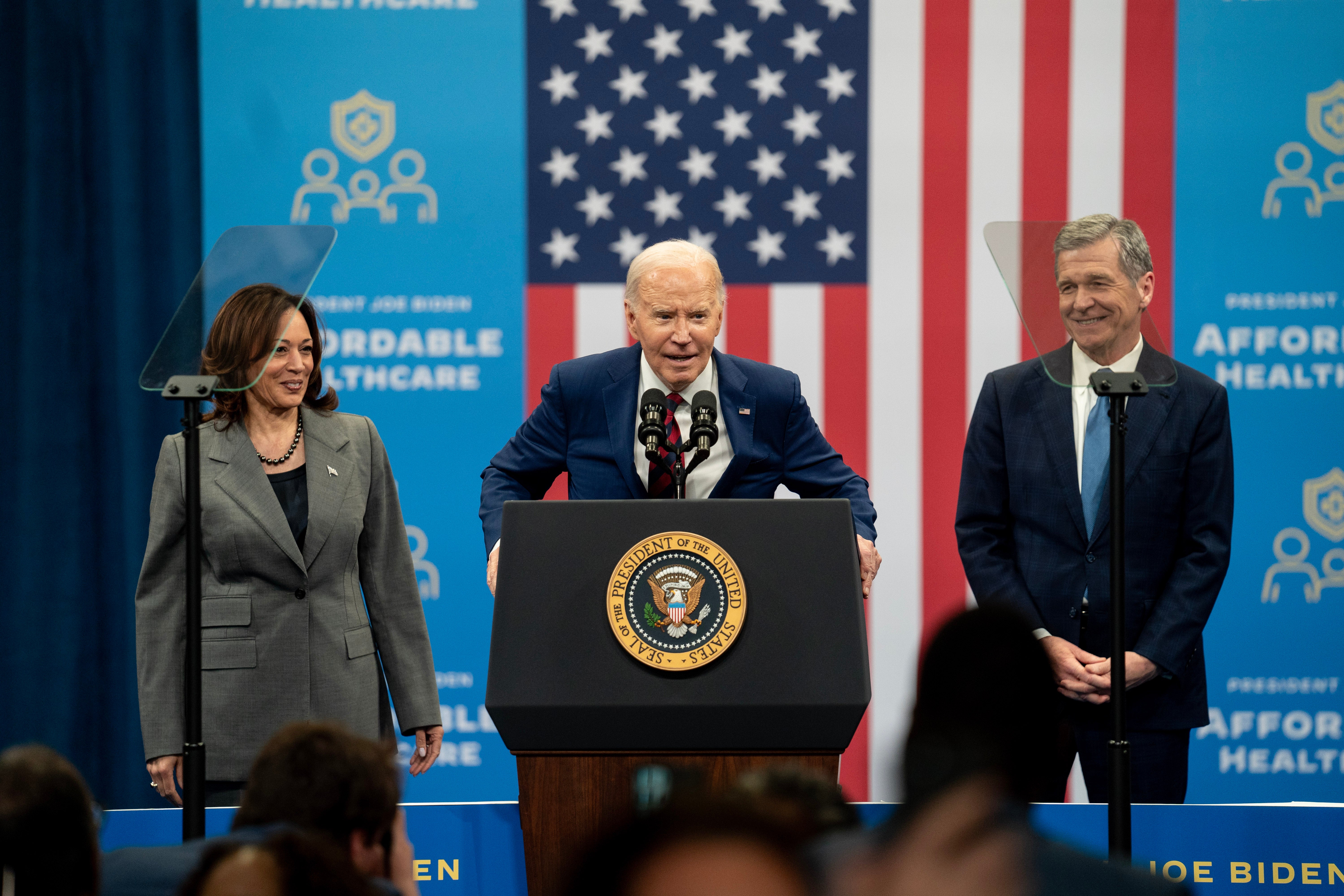 U.S. President Joe Biden speaks at the Chavis community center with U.S. Vice President Kamala Harris and North Carolina Governor Roy Cooper on March 26, 2024 in Raleigh, North Carolina