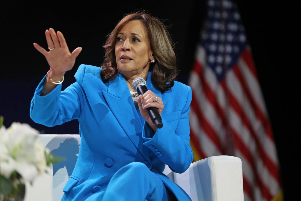 Vice President Kamala Harris speaks on Saturday at the Essence Festival of Culture in New Orleans as the Biden campaign battles worsening concerns about the president’s age