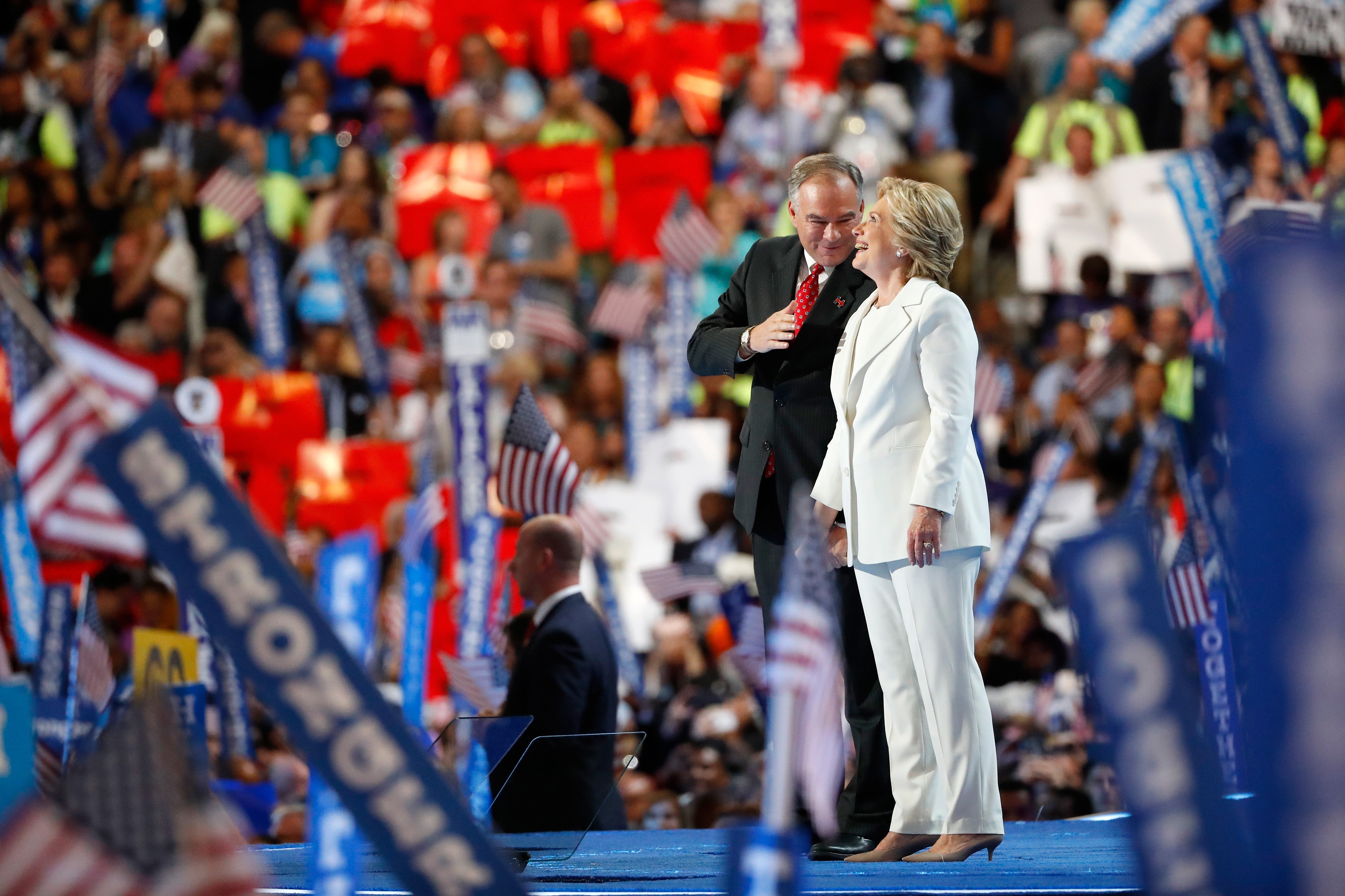 Democratic presidential candidate Hillary Clinton and US Vice President nominee Tim Kaine together at the Democratic National Convention on July 28, 2016