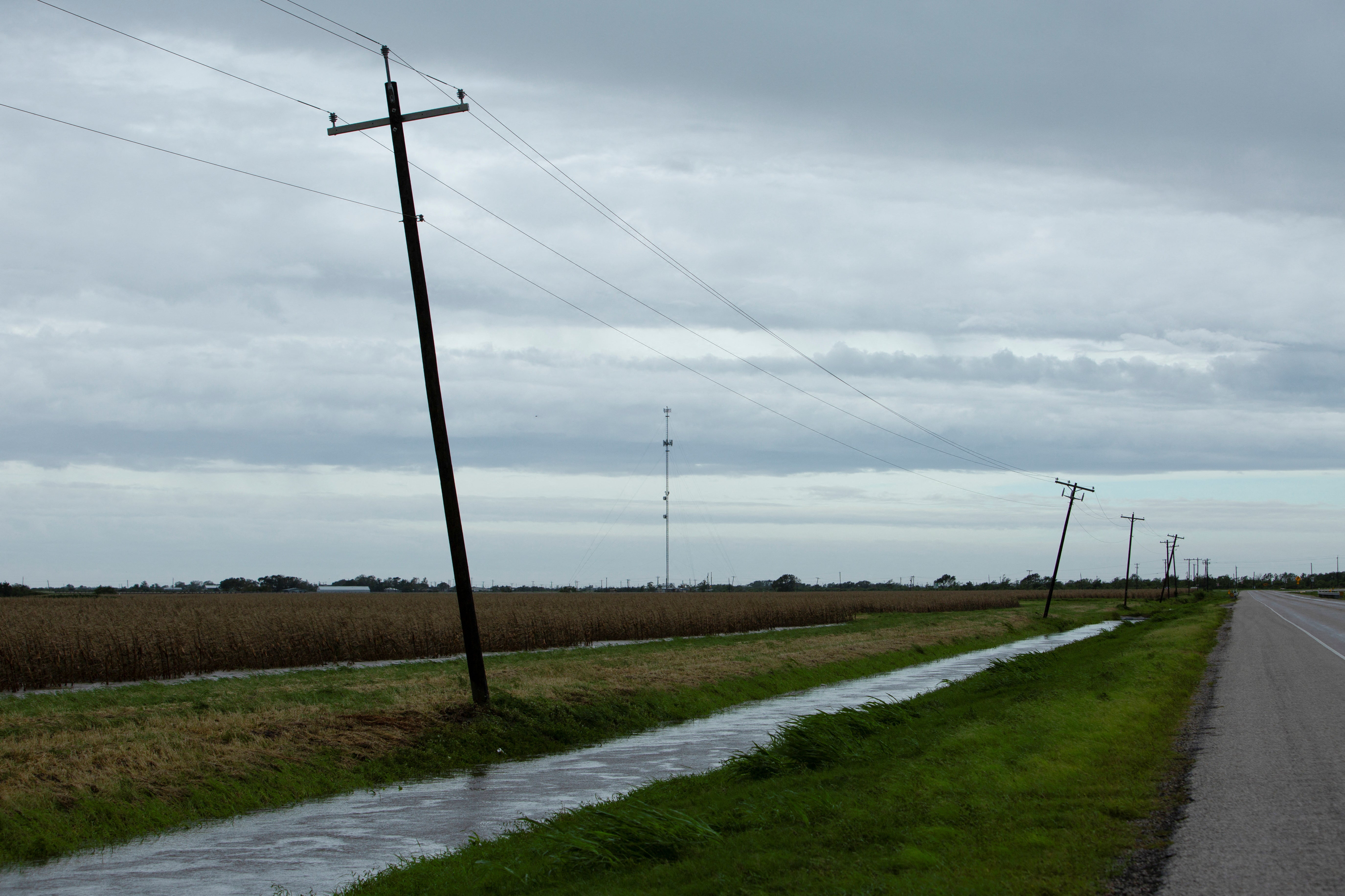 Standing water in a highway ditch is pictured after Hurricane Beryl moved through the area near Palacios, Texas, U.S. July 8, 2024