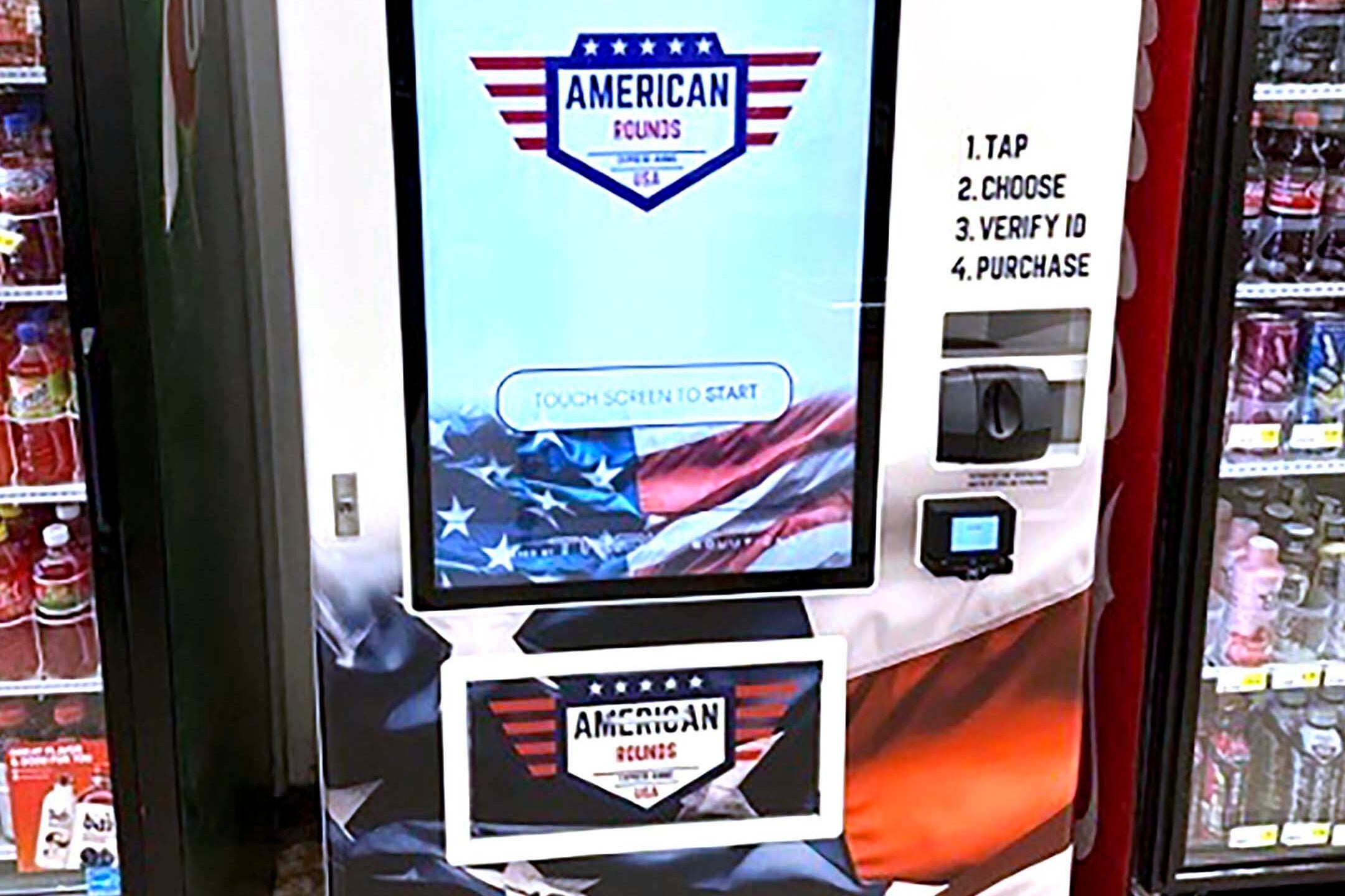 An American Rounds ammunition vending machine installed in a Fresh Value grocery store in Tuscaloosa, Alabama