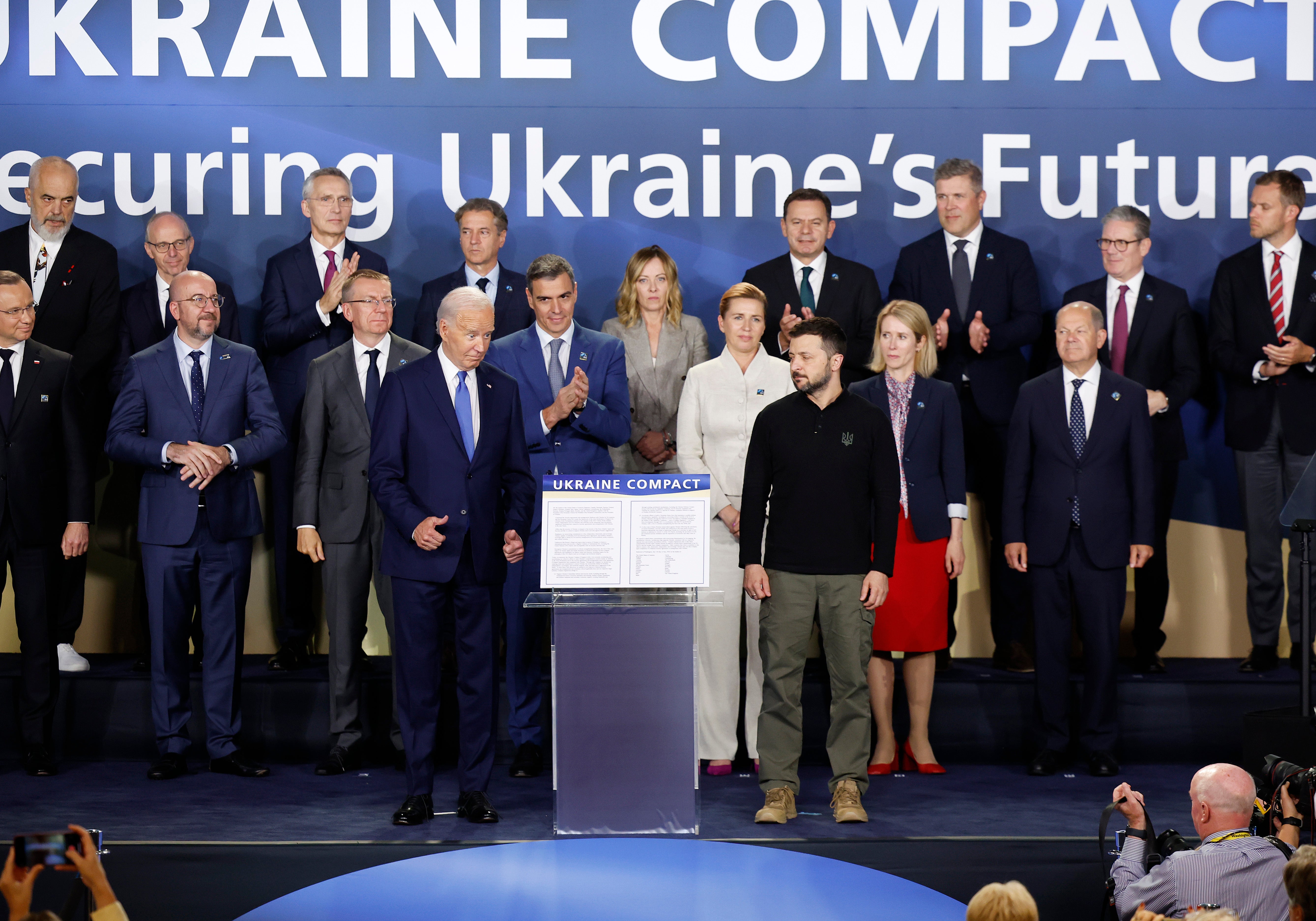 Uresident Joe Biden and Ukraine president Volodymyr Zelensky participate in the launching of the Ukraine Compact at the 2024 NATO Summit