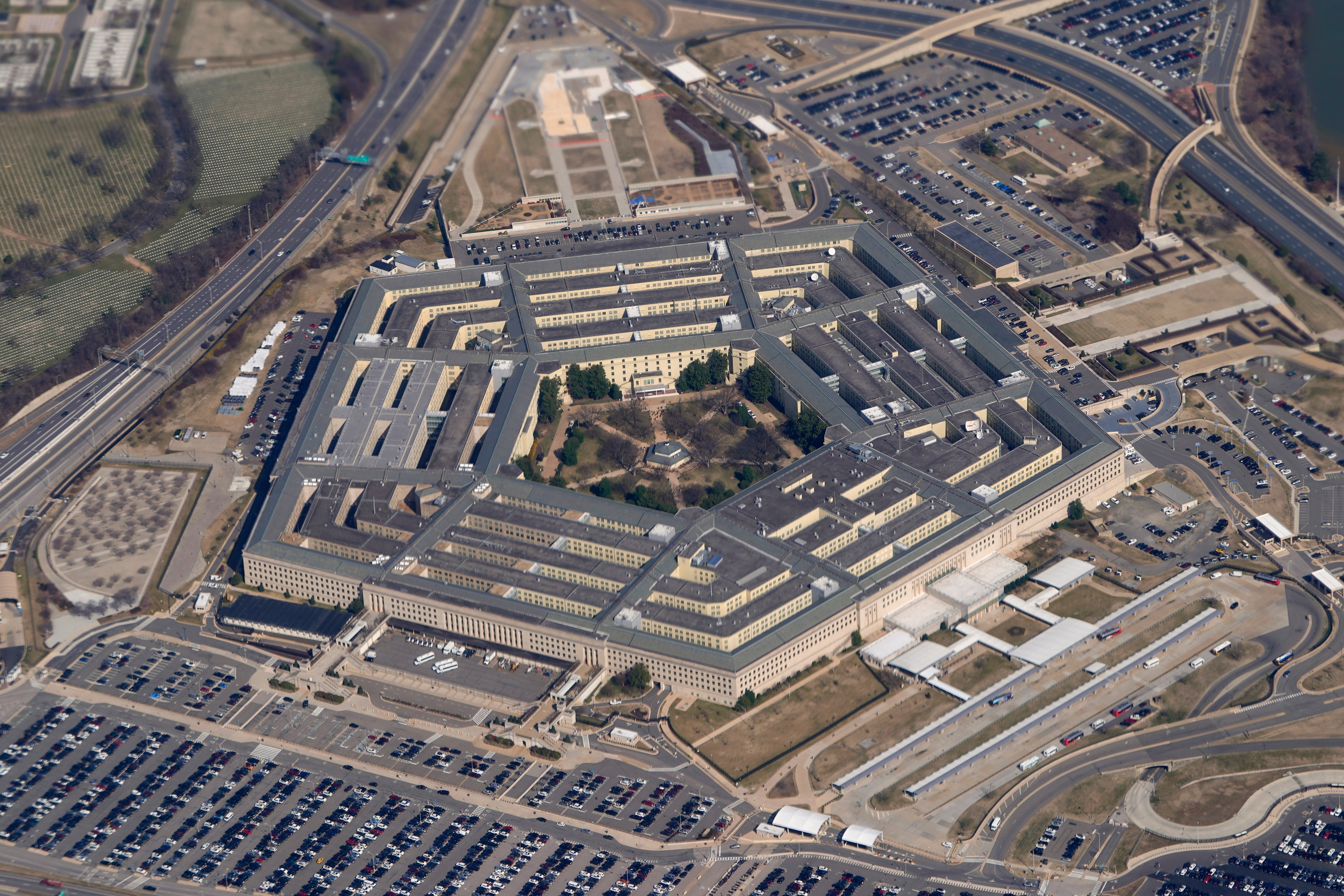 he Pentagon is seen from Air Force One as it flies over Washington,