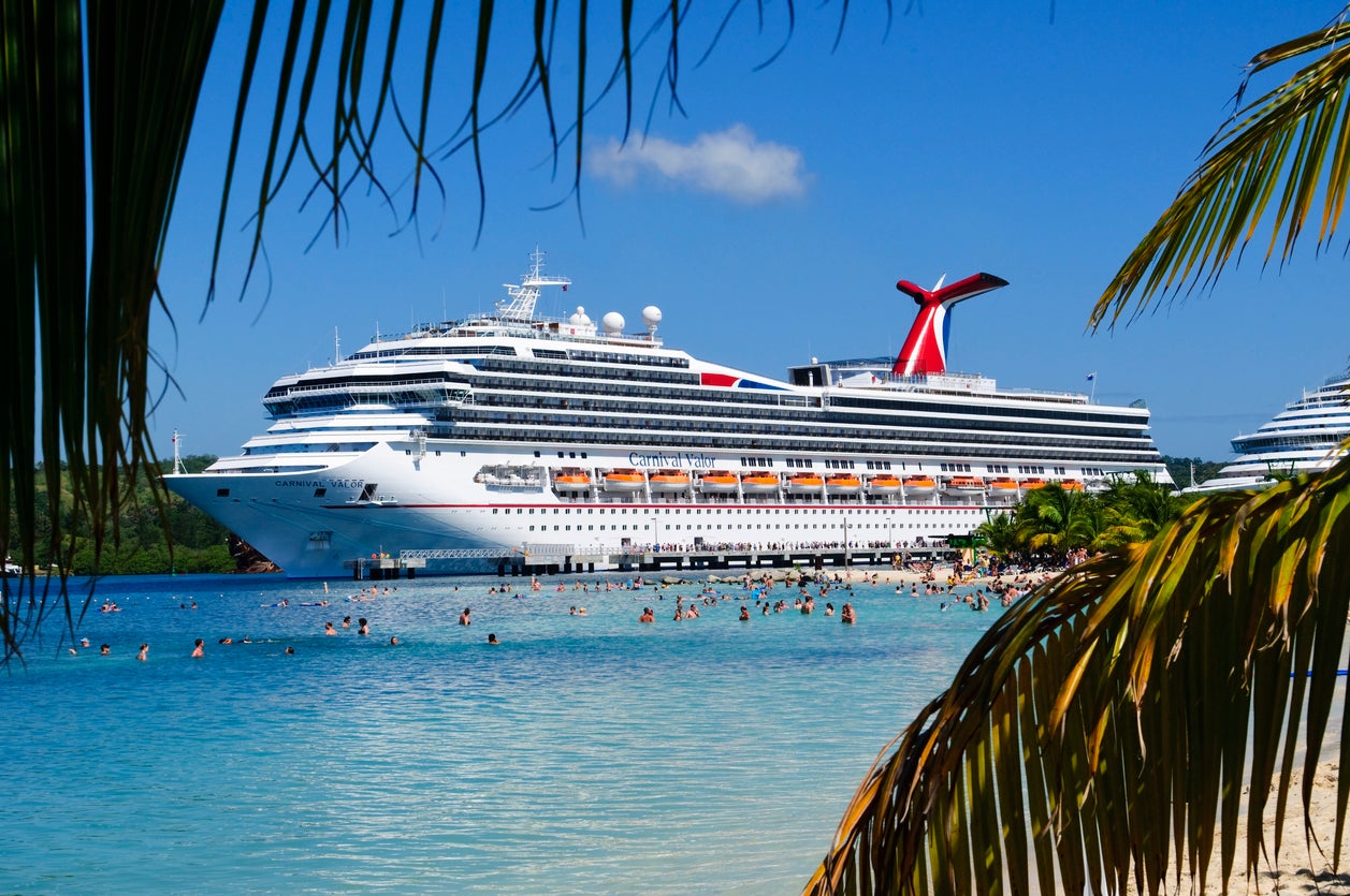 The M.S. Carnival Valor, owned by Carnival Cruise Lines, docked at Mahogany Bay on the Caribbean island of Roatan