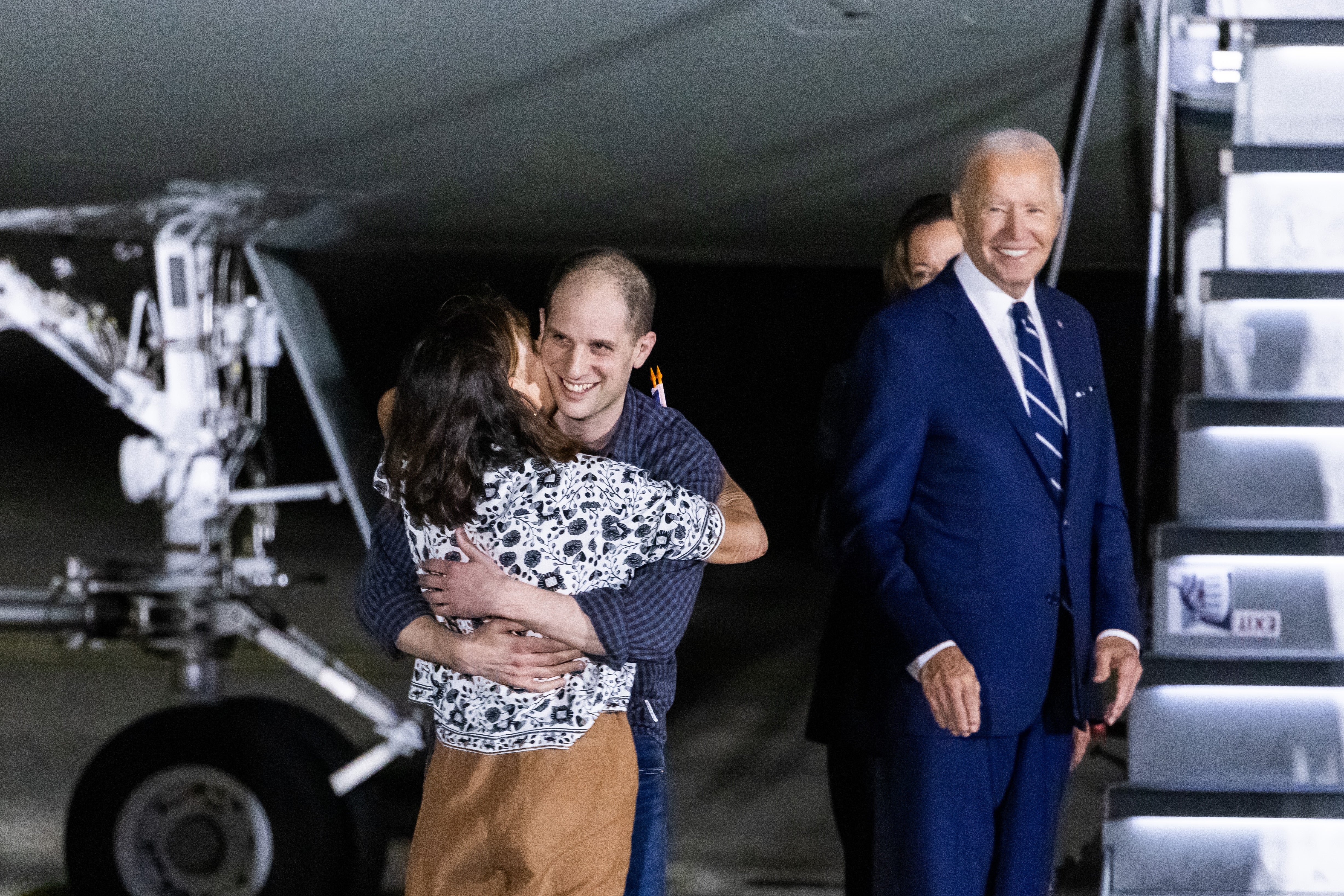 Wall Street Journal reporter Evan Gershkovich hugs his mother, Ella Milman, after his arrival in the US following a 26-person prisoner swap between Russia, the US and five other countries, at Andrews Air Base, Maryland, USA